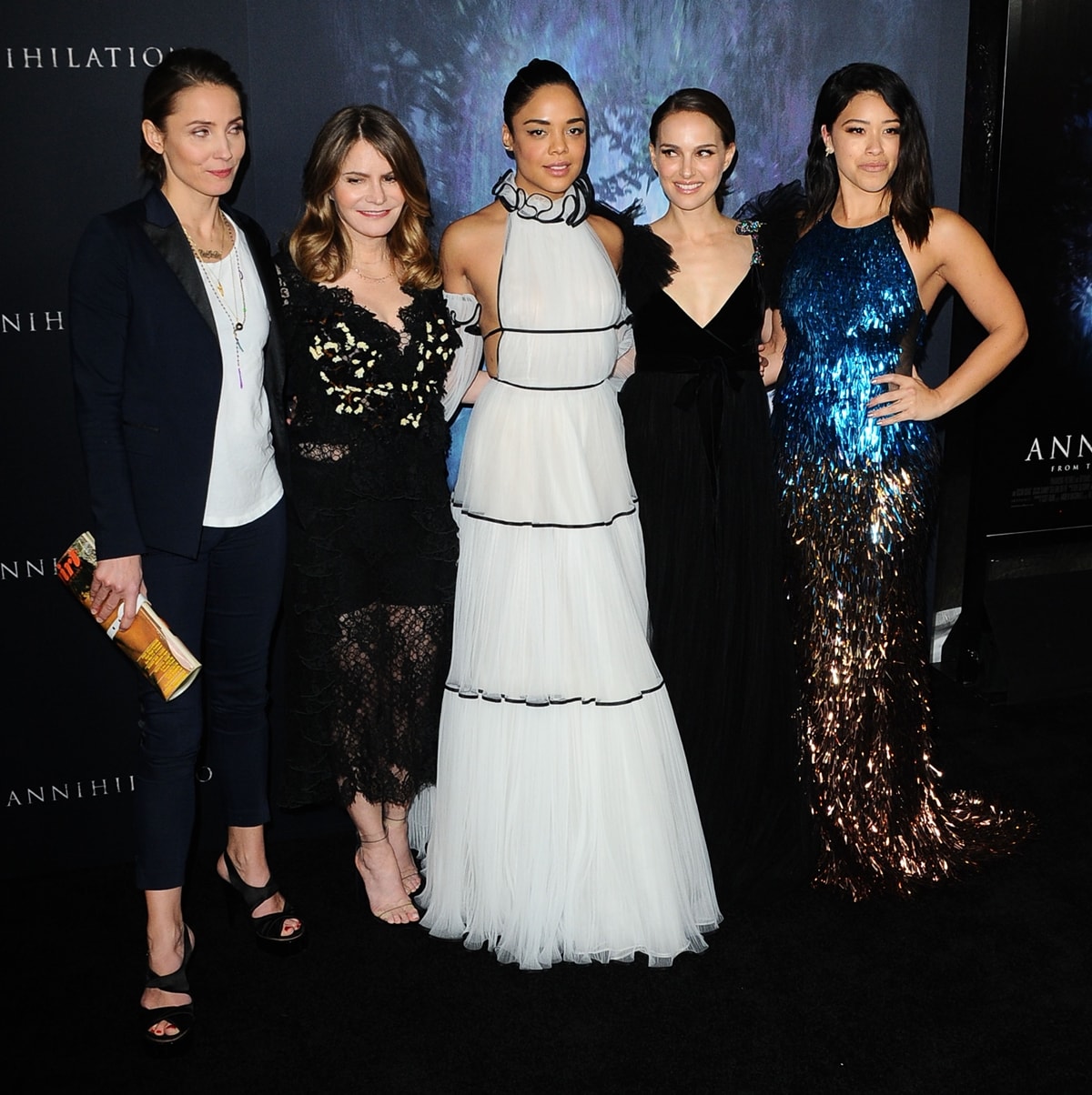 Actresses Tuva Novotny, Jennifer Jason Leigh, Tessa Thompson, Natalie Portman, and Gina Rodriguez attend the Los Angeles premiere of 'Annihilation'