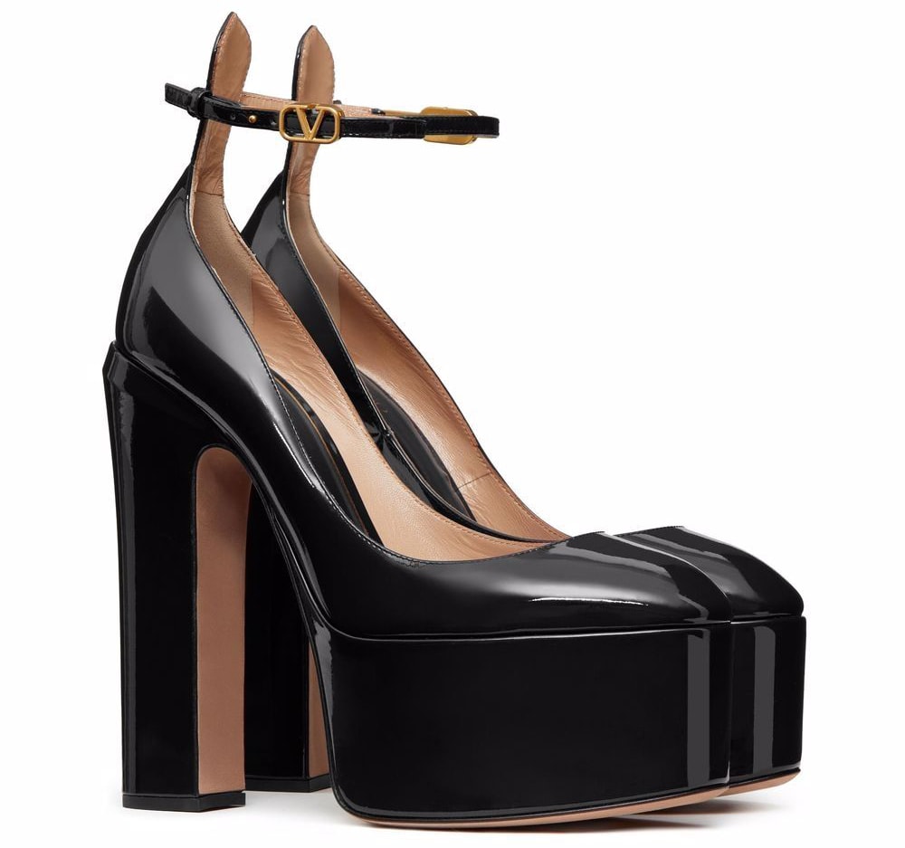 Valentino's Tan-Go pumps have slim ankle straps, chunky platforms, and high block heels