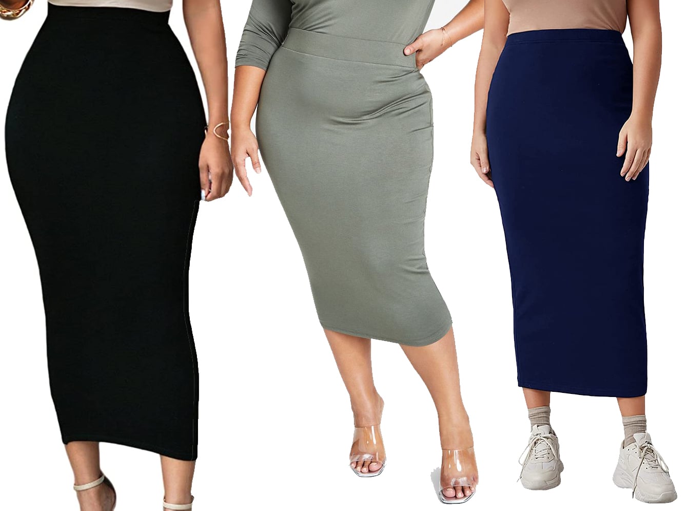 Lrady Women's High Waist Slim Bodycon Skirt; Bar III Plus Size Bodycon Jersey Midi Skirt; Verdusa Women's Plus Size Elastic High-Waist Long Bodycon Skirt
