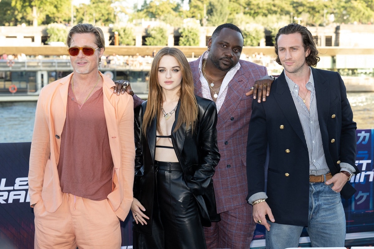 Brad Pitt, Joey King, Brian Tyree Henry, and Aaron Taylor-Johnson at the Bullet Train photocall in Paris