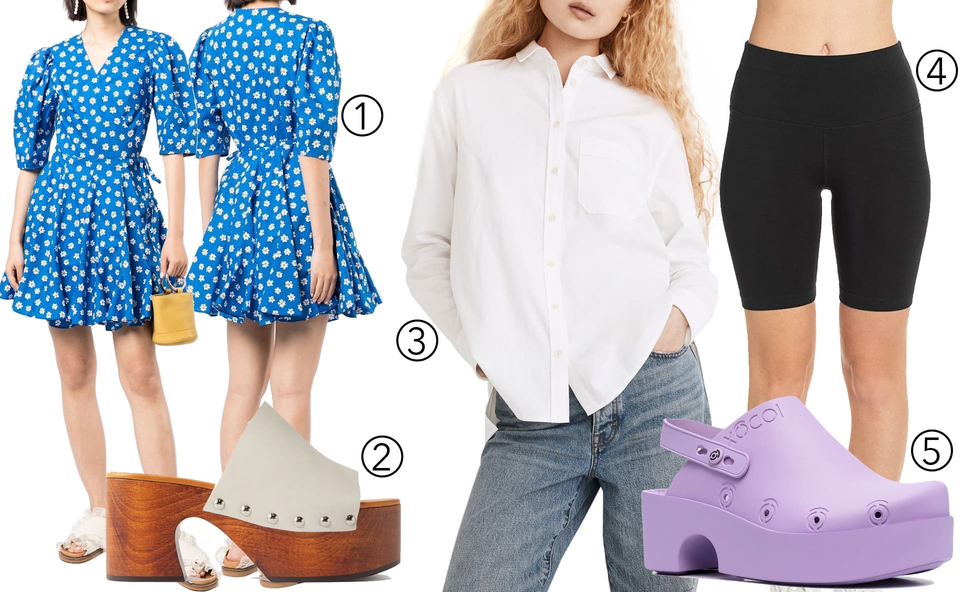 1. tout a coup Floral-Print Wrap Dress; 2. Marni Studded Leather Clog; 3. Madewell Oversize Ex-Boyfriend Button-Up Shirt4. Hard Tail Flat Waist Cotton Spandex Bike Shorts; 5. XOCOI Slingback Platform Clog