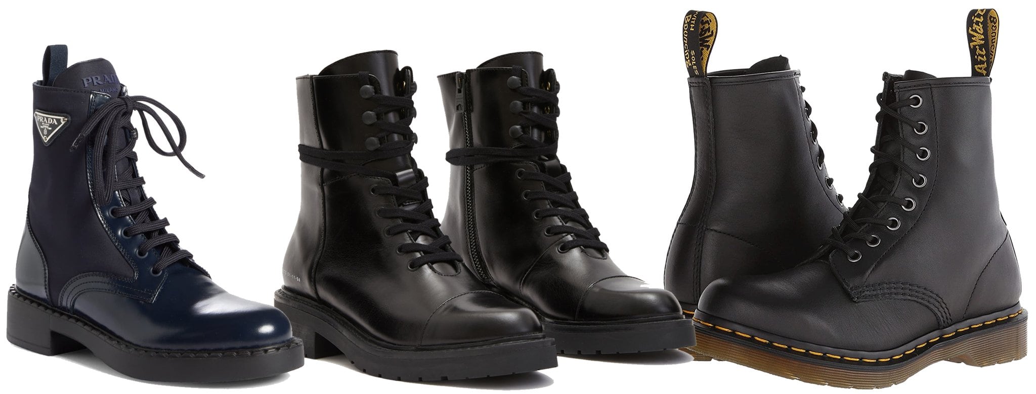 Prada Combat Boot; All Saints Dusty Leather Boots; Dr. Martens 1460 Boots