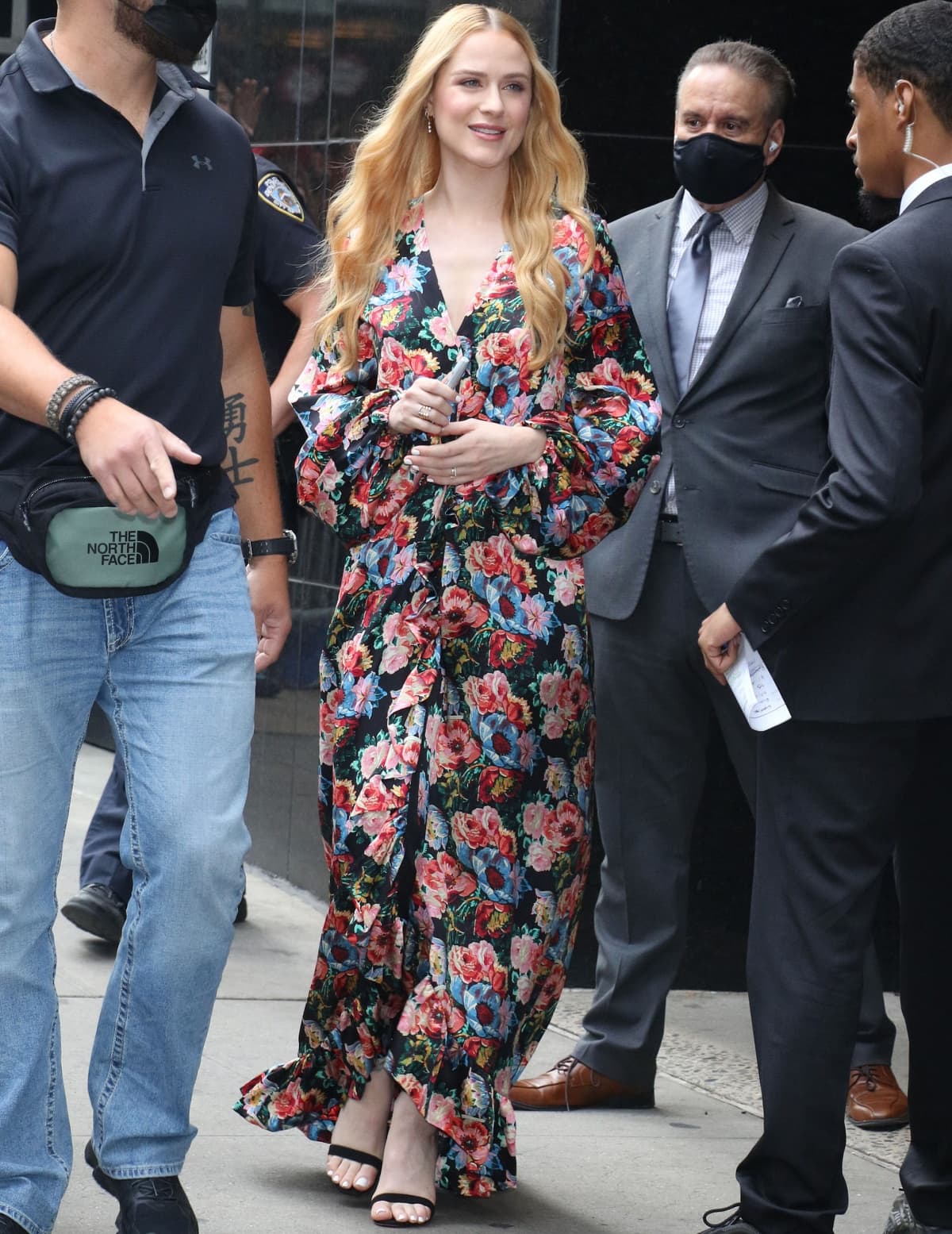 Evan Rachel Wood wearing a floral maxi dress from The Vampire’s Wife outside the Good Morning America studios