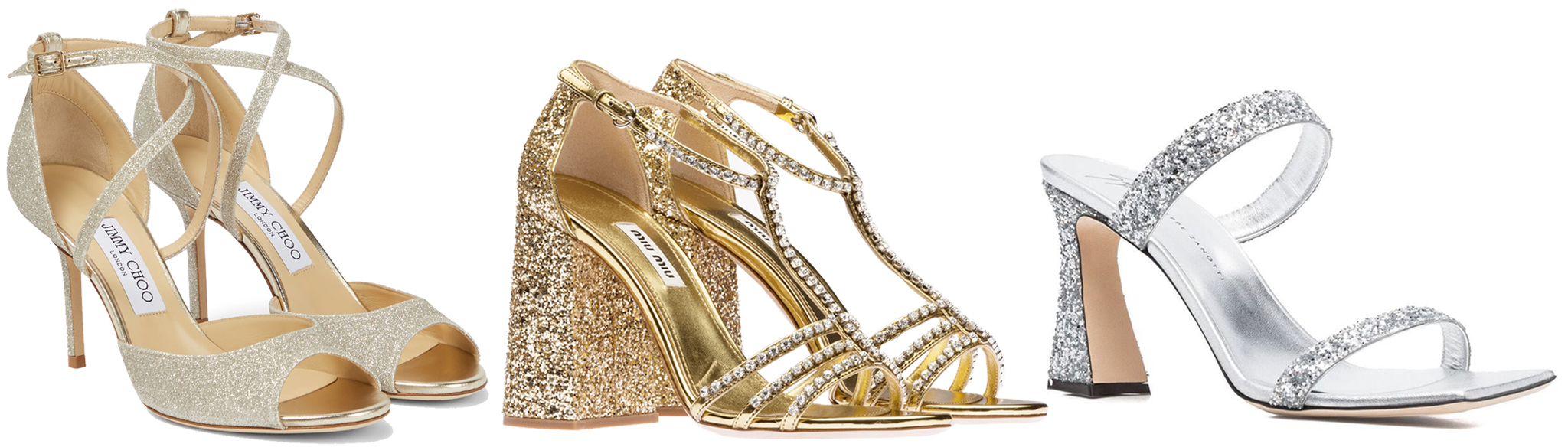 Jimmy Choo Emsy 85 Glitter Sandals; Miu Miu Metallic Technical Fabric and Glitter Sandals; Giuseppe Zanotti Glitter-Detail 95mm Leather Sandals