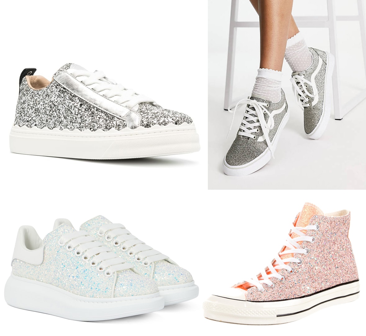 Chloe Lauren Glitter Low-Top Sneakers; Vans Old Skool Sneakers in Gray Glitter; Alexander McQueen Glitter Leather Sneakers; Converse x JW Anderson Glitter Pack Sneakers