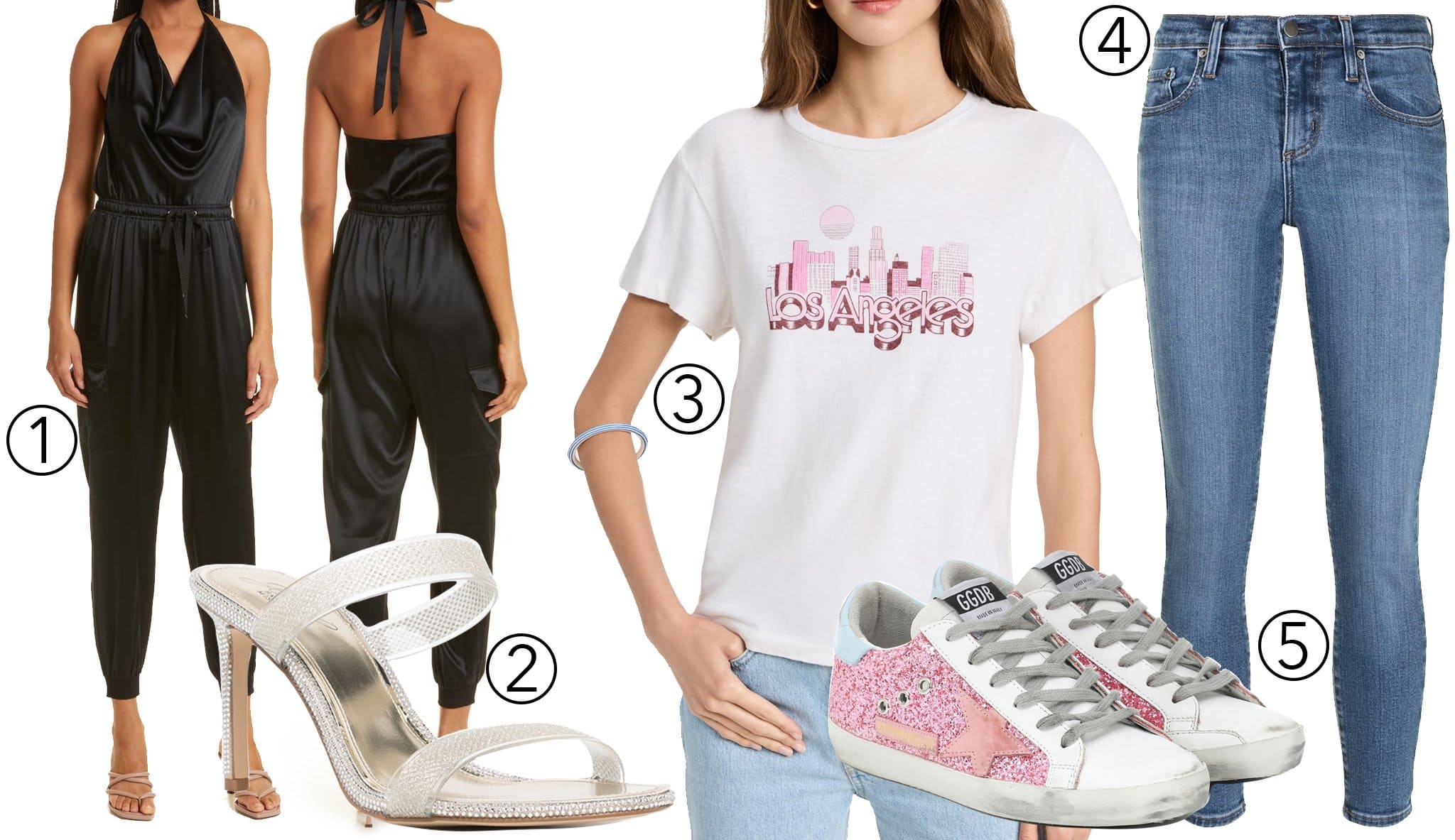 1. Cami NYC Jackie Halter Neck Stretch Silk Jumpsuit; 2. Badgley Mischka Lovely Stiletto Mules; 3. Re/Done Los Angeles Tee; 4. Nobody Denim Geo Skinny Ankle Jeans; 5. Golden Goose Superstar Leather Sneakers