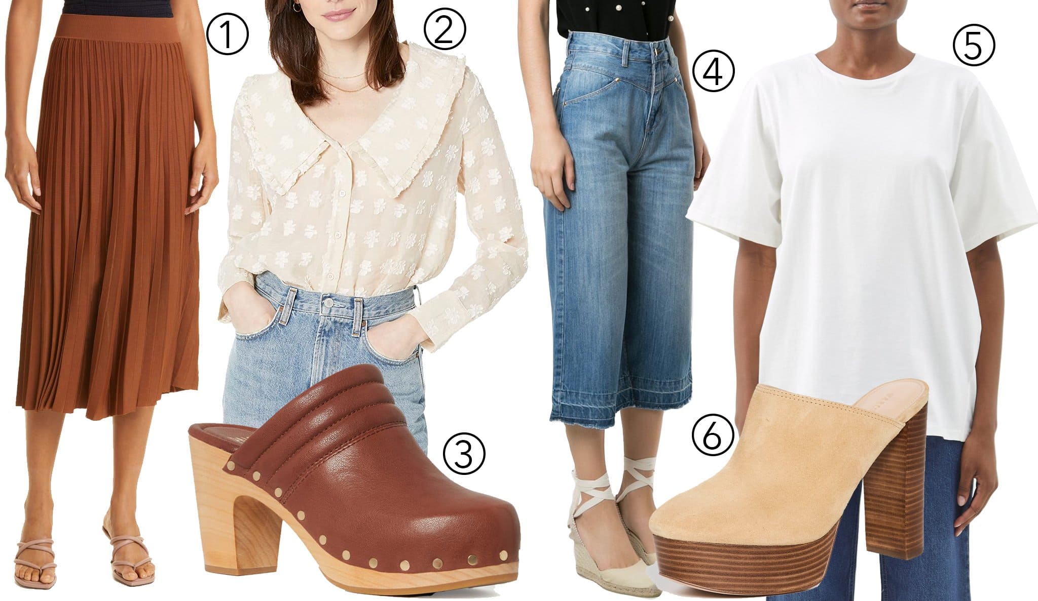 1. Rag & Bone Esme Pleat Midi Skirt; 2. English Factory Sheer Shirt; 3. Paige Robbie Studded Clog; 4. Amapô Marion Denim Culottes; 5. Toteme Oversized Organic-Cotton Jersey T-Shirt; 6. Veronica Beard Maren Clog