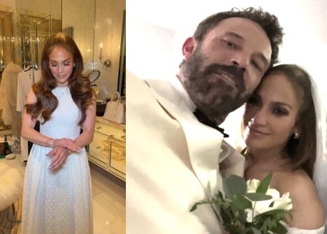 Jennifer Lopez and Ben Affleck in their white outfits for their intimate midnight wedding