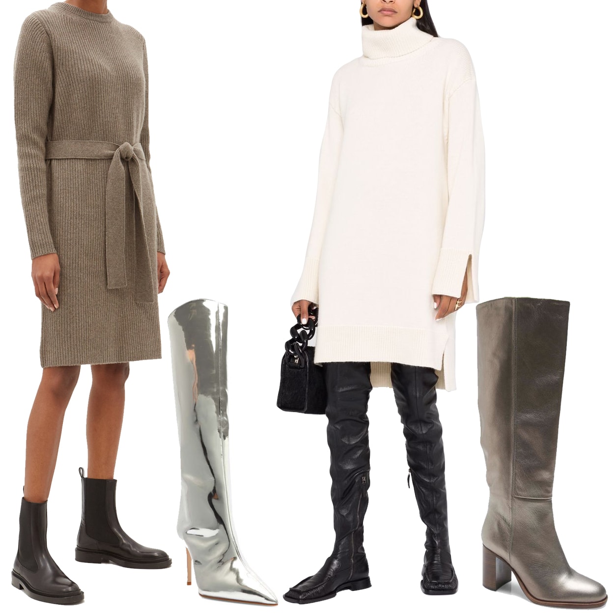 Upgrade your autumn and winter wardrobe with cozy yet chic looks: a Raey cashmere-blend ribbed knee-length dress paired with Schutz Mary metallic knee-high boots, and an Erika Cavallini roll-neck jumper dress matched with Free People Grayson knee-high boots for effortless style and warmth