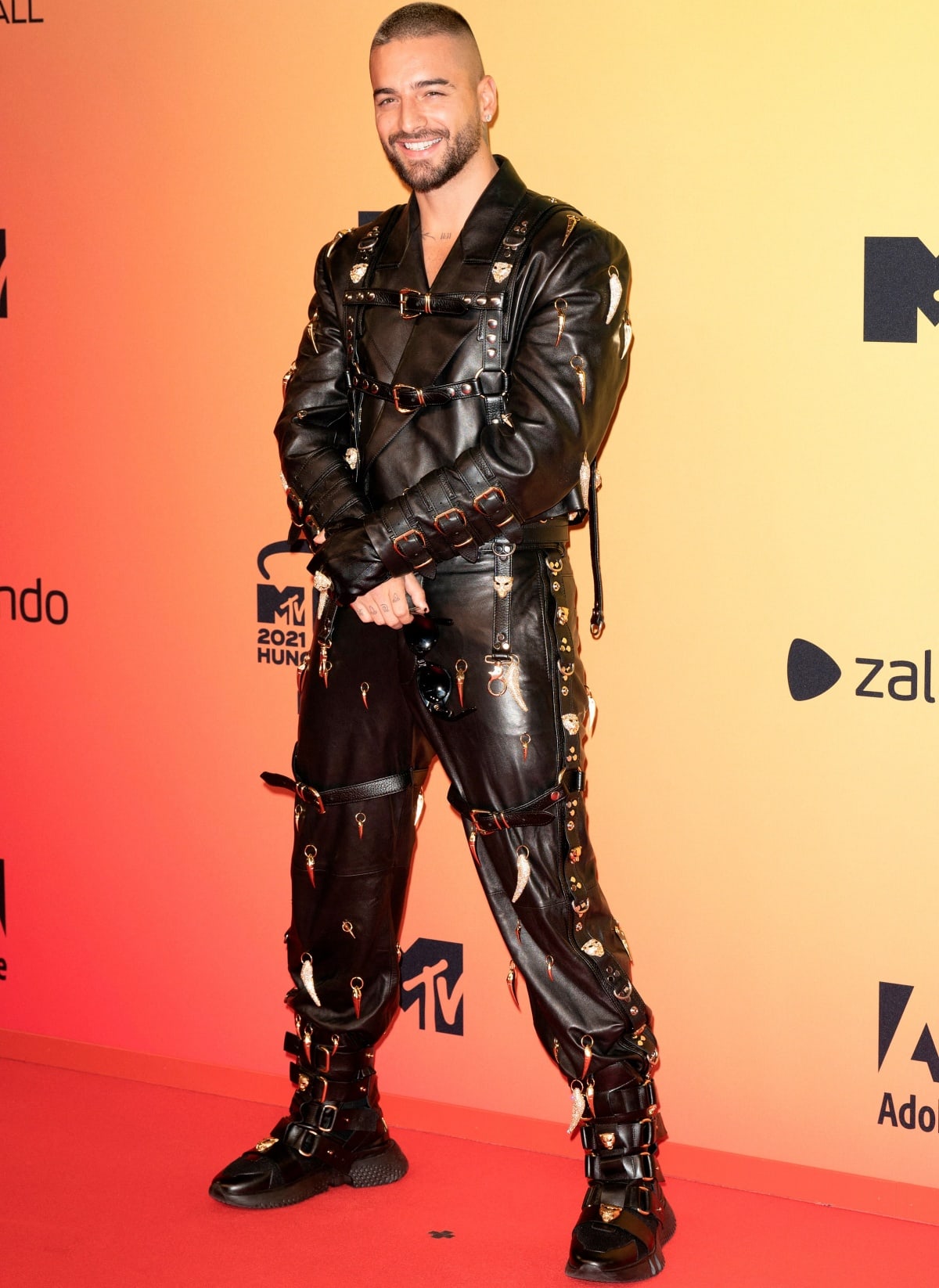 Maluma wearing an all-black leather look from Roberto Cavalli at the 2021 MTV Europe Music Awards