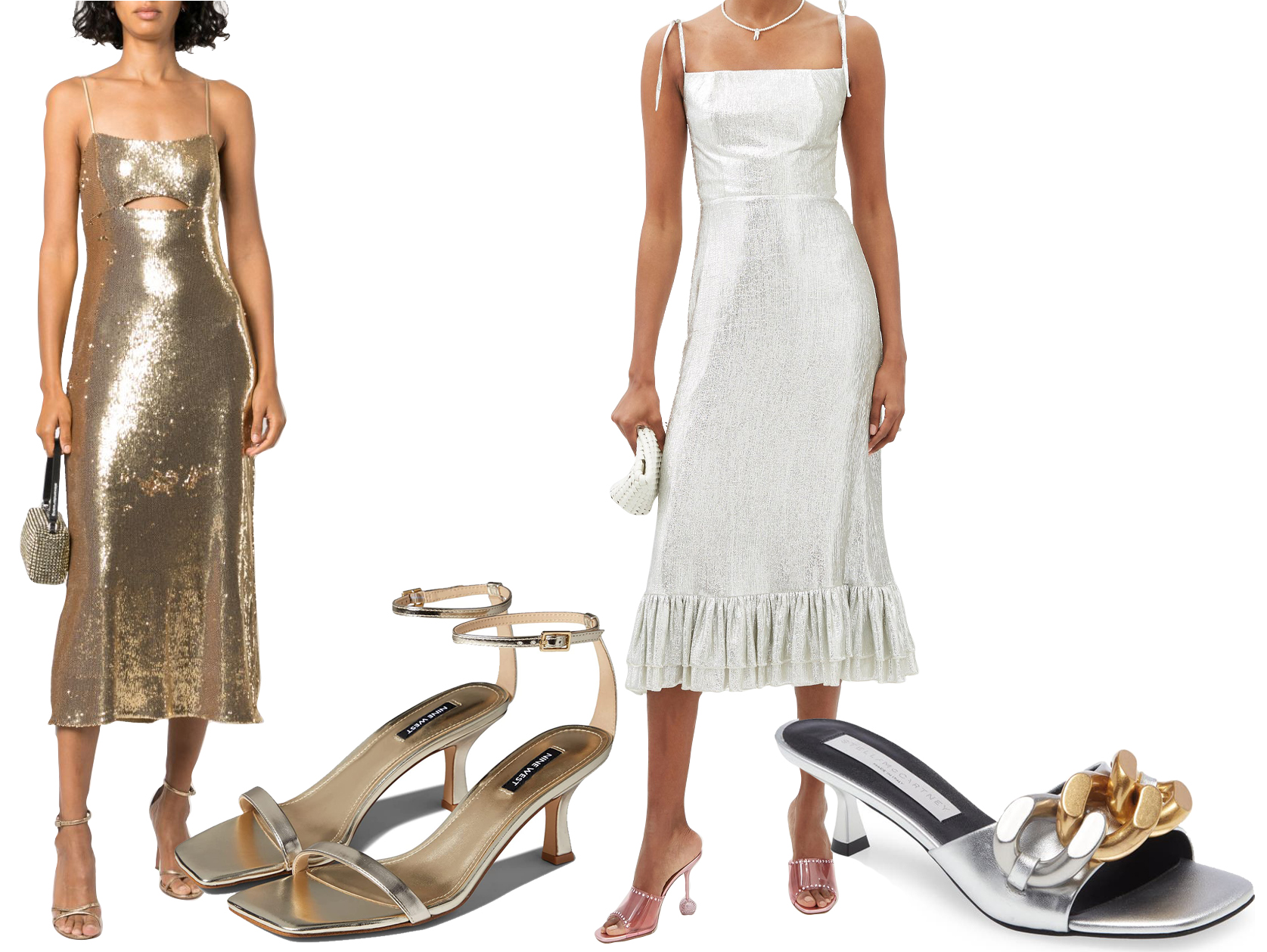 Halston Heritage Ray Sequin-Embellished Midi Dress; Nine West Ripe 3 Gold Sandals; The Vampire's Wife The Midnight Garden Lamé Dress; Stella McCartney Falabella Metallic Kitten Heel Sandal