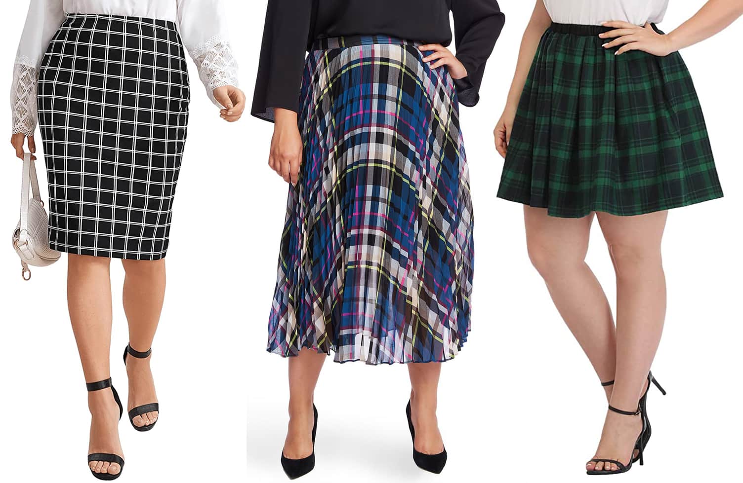 Plaid Perfection: Featuring Floerns' Plus Size Bodycon, Vince Camuto's Pleated Midi, and HDE's Mini Skater Skirts, each infusing classic plaid with modern plus-size style