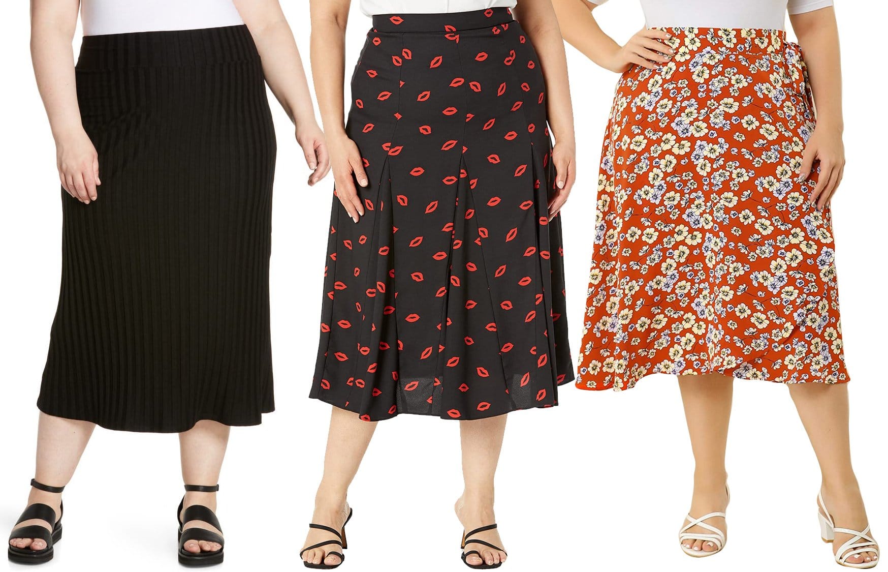 A-Line Grace: Showcasing Eileen Fisher's Rib Midi, Kate Spade's Kisses Fluid, and Agnes Orinda's Plus Size Midi Skirts, offering a blend of comfort and chic for the plus-size figure