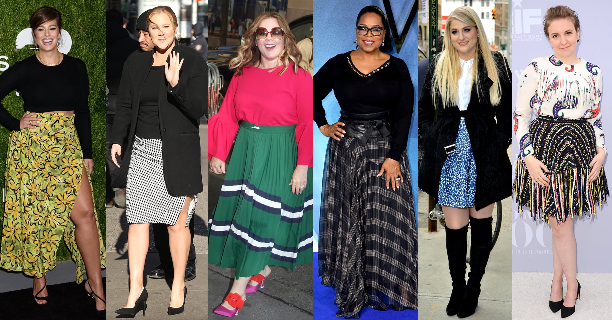 Plus-size celebrities Ashley Graham, Amy Schumer, Melissa McCarthy, Oprah Winfrey, Meghan Trainor, and Lena Dunham in skirts