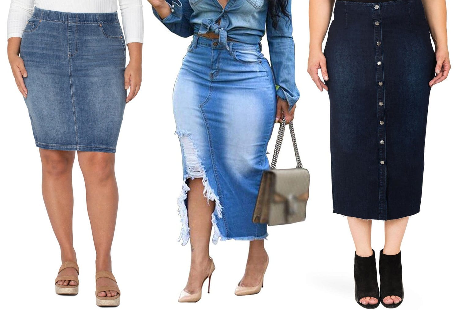 Denim Redefined: Experience the versatile elegance of Liverpool's Chloe Pull-On, Meslima's Casual Distressed, and Standards and Practices' Elain Denim Pencil Skirts for a dynamic plus-size look