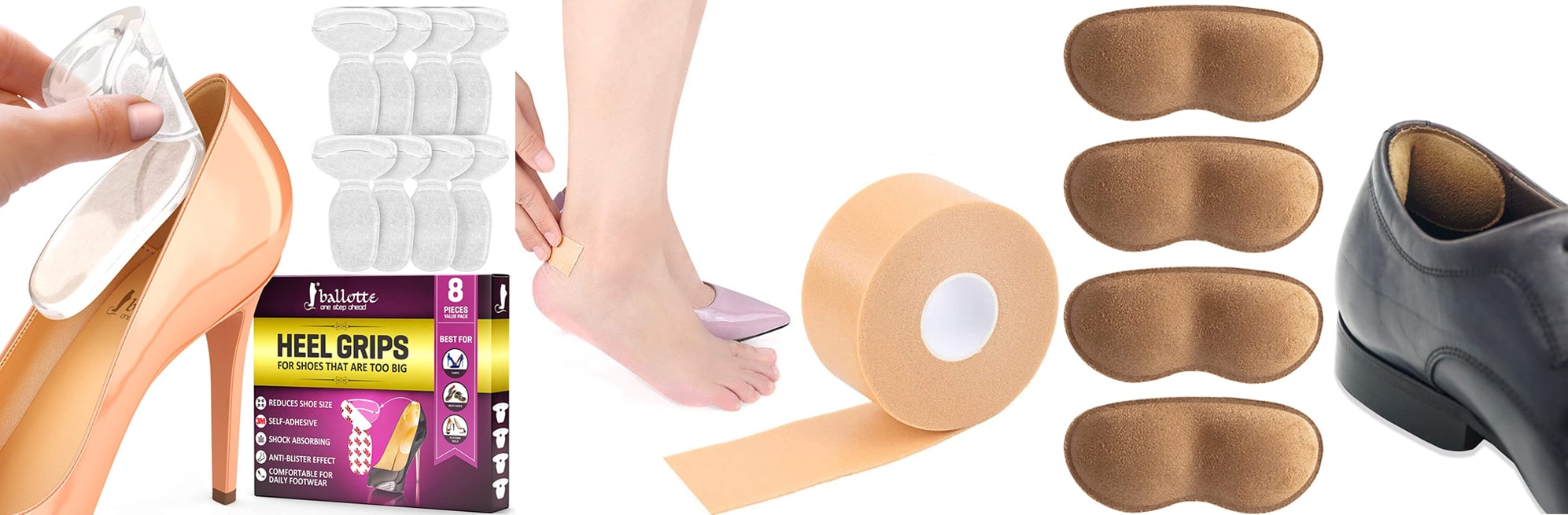 Ballotte Heel Grips; Moleskin Roll Multi-Purpose Anti-Slip Tape; Dr. Foot Heel Grips