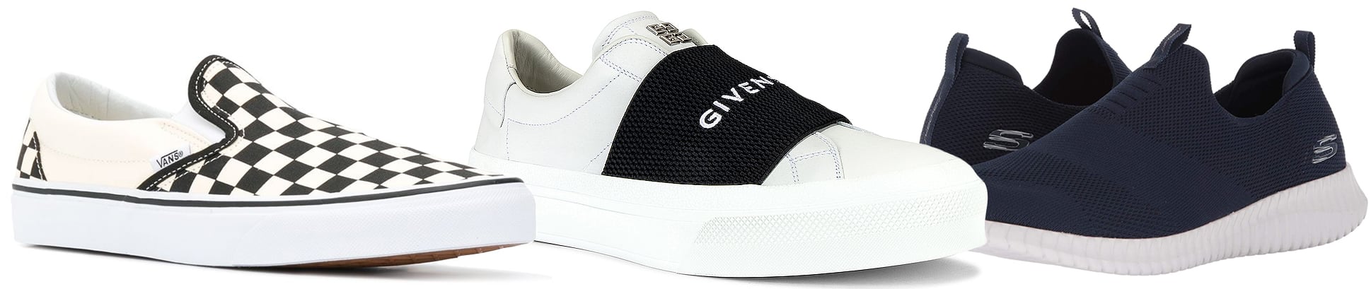 Three stylish slip-on sneakers from Vans, Givenchy, and Skechers