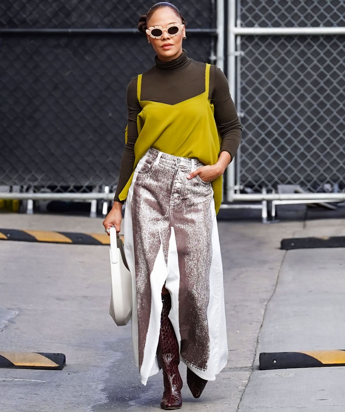 Tessa Thompson in MM6 Maison Margiela outside the Jimmy Kimmel Live studios