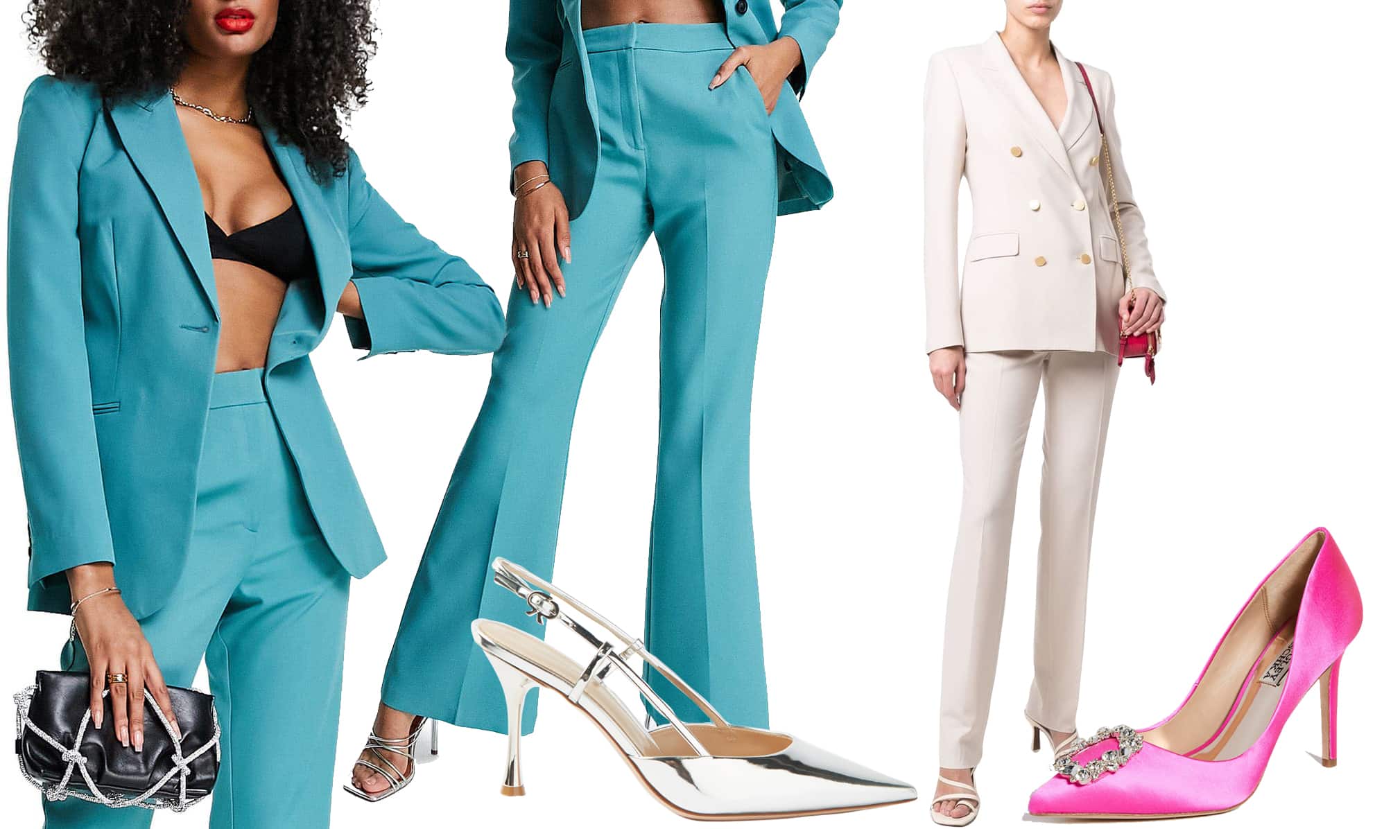 Asos Design Pop Blazer; Asos Design Wide Leg Suit Trousers; Gianvito Rossi Slingback Metallic Pumps; Tagliatore Double-Breasted Two-Piece Set; Badgley Mischka Cher Pump