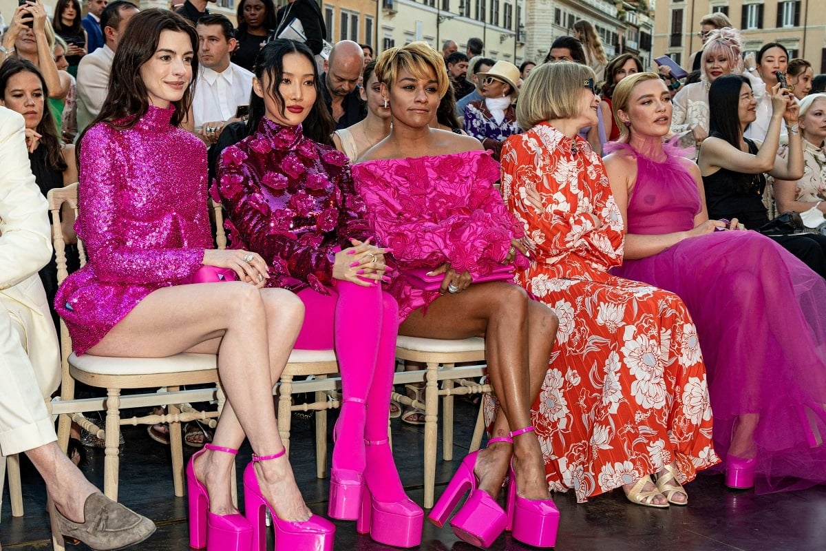 Anne Hathaway sitting in the front row of the Valentino Haute Couture show with Hwasa, Ariana DeBose, Anna Wintour, and Florence Pugh