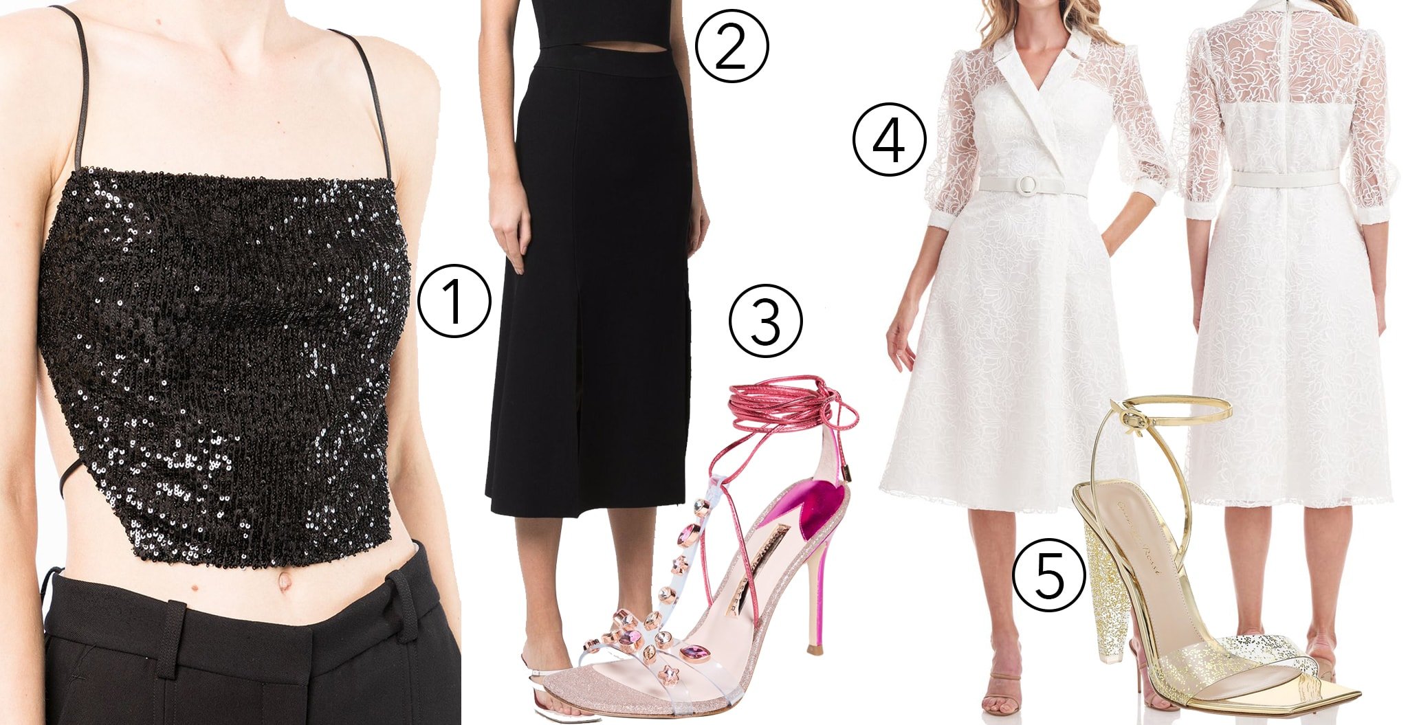 1. In The Mood For Love Glitter Square-Neck Top; 2. Maje Front-Slit Midi Skirt; 3. Sophia Webster Camille Sandals; 4. Kay Unger Khloe Floral Illusion Lace Dress; 5. Gianvito Rossi Glitter Stiletto Sandal
