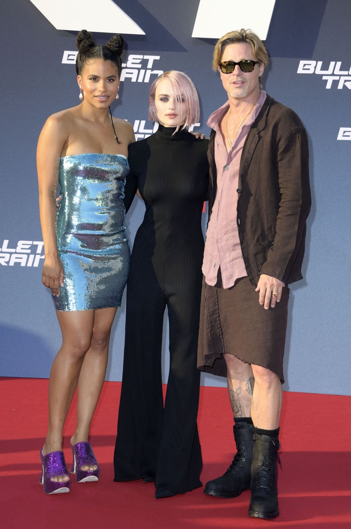 Brad Pitt with co-stars Zazie Beetz and Joey King at the Bullet Train Berlin premiere