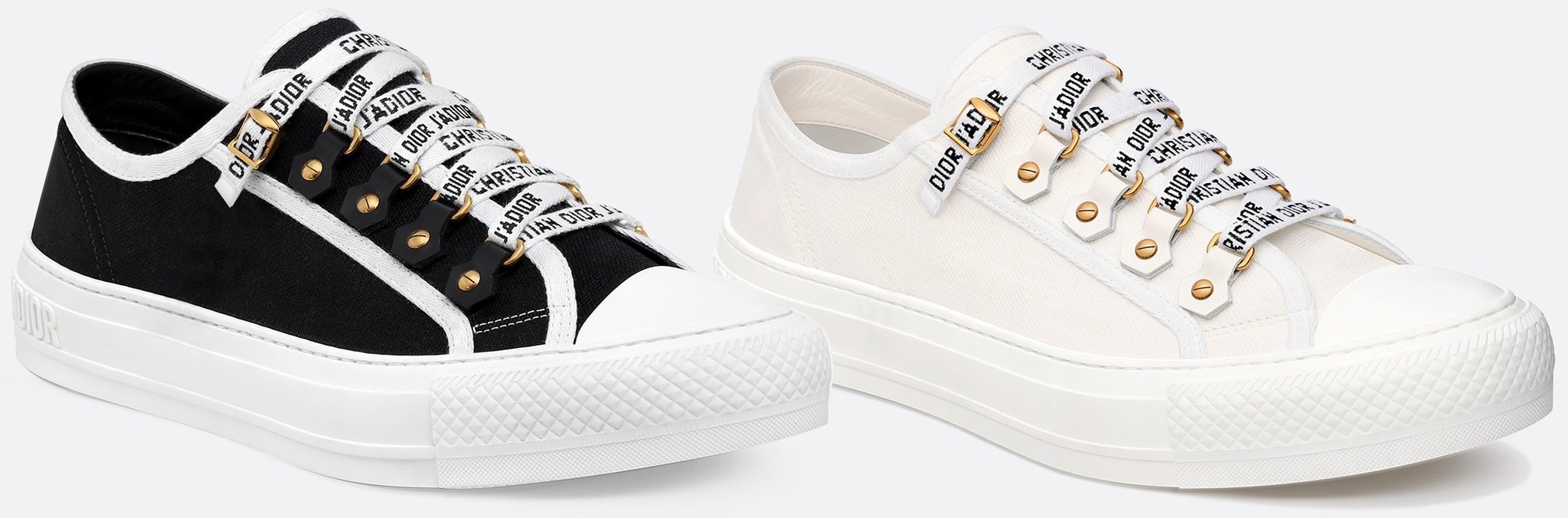 Timeless and classic, the Walk'n Dior cotton canvas sneakers are embellished with tonal calfskin inserts, antique gold-finish metal detailing, and Christian Dior J'Adior signatures on the rubber soles and laces