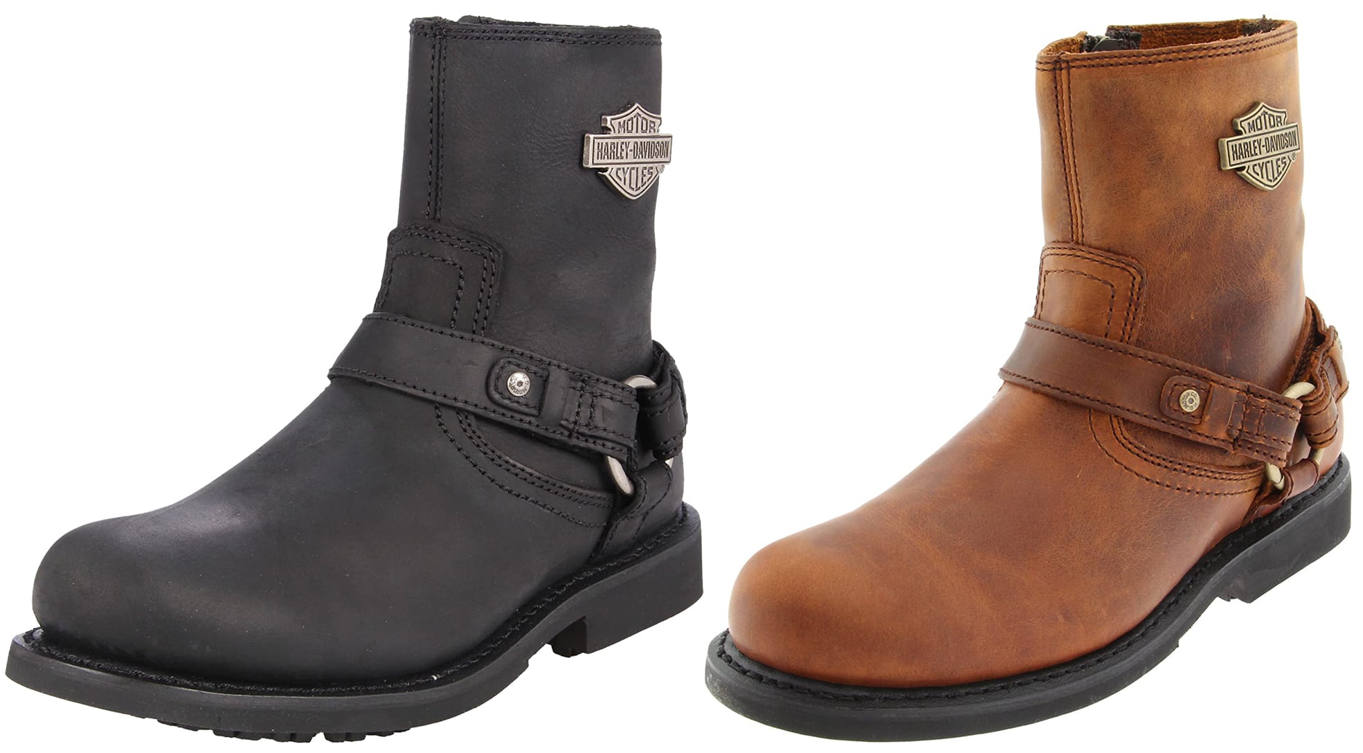 The Scout is a moto-inspired boot with a three-strap harness, metallic hardware ring, and a logo applique on the shaft