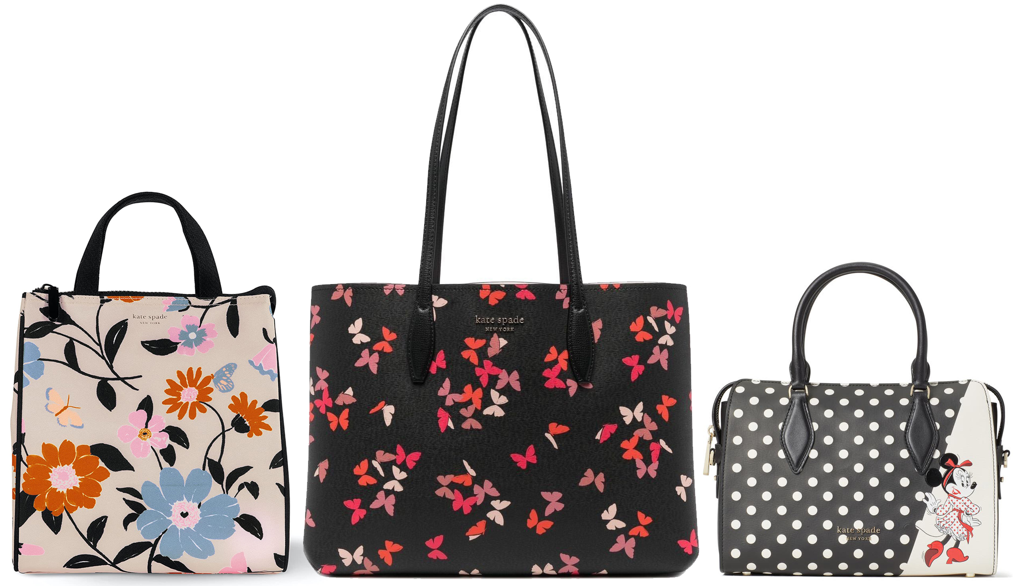Kate Spade bags bring a whimsical touch to everyday style with vibrant floral prints, playful butterflies, and fun collaborations like Minnie Mouse