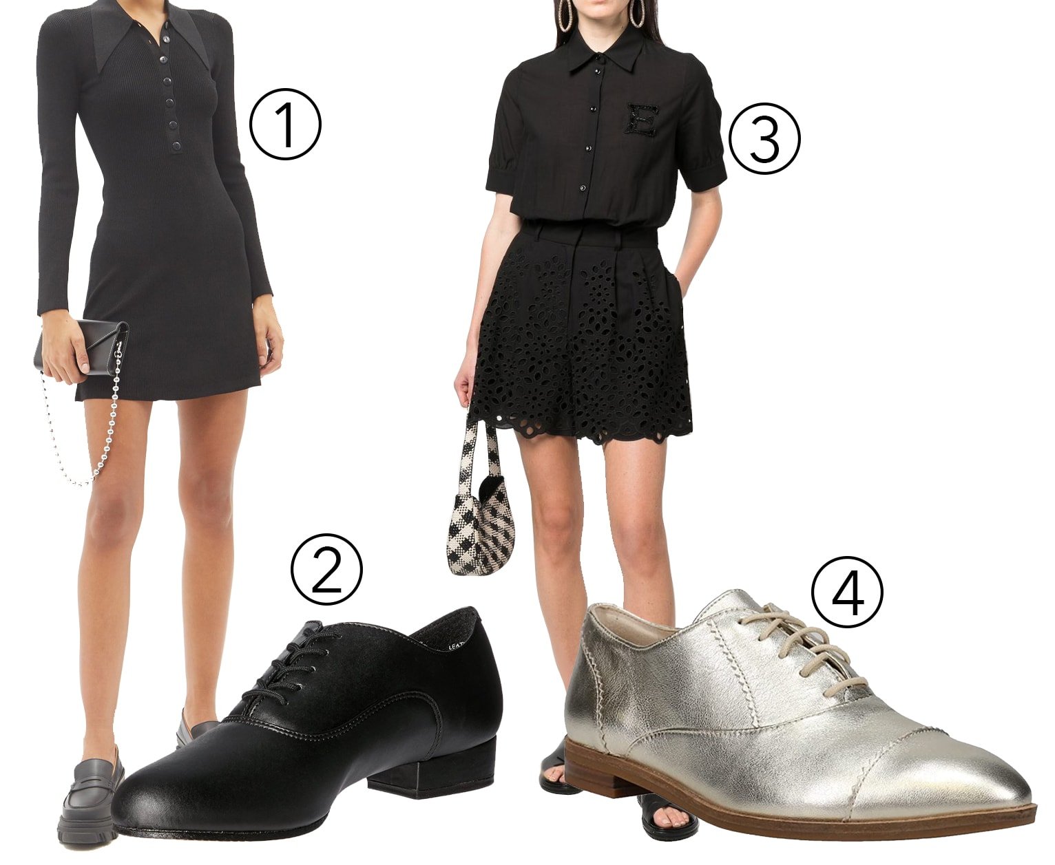 1. Shine in a JOOSTRICOT ribbed lurex-jersey mini dress; 2. matched with Capezio Overture Oxfords; 3. or a chic Ermanno Firenze shirt dress; 4. paired with Cole Haan The Go-To Arden Oxfords for versatile elegance