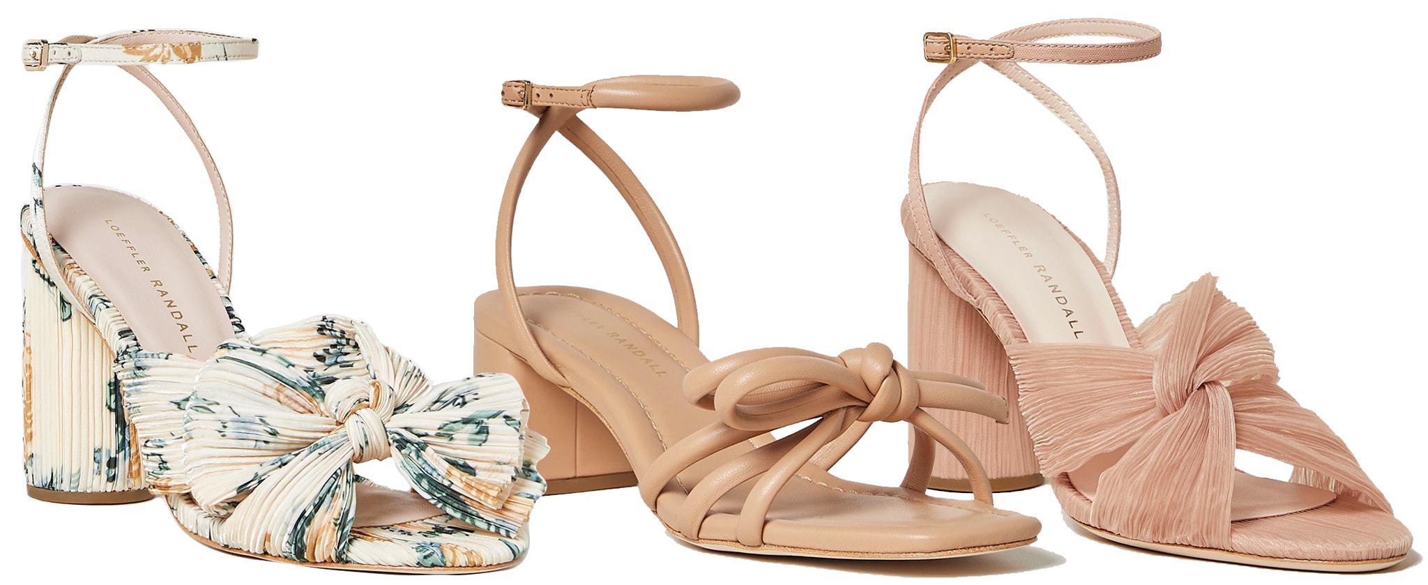 Loeffler Randall Camellia Nova Floral Bow Heel, $395; Loeffler Randall Mikel Dune Bow Mid-Heel Sandal, $295; Loeffler Randall Reed Beauty Pleated Twist Heel, $395