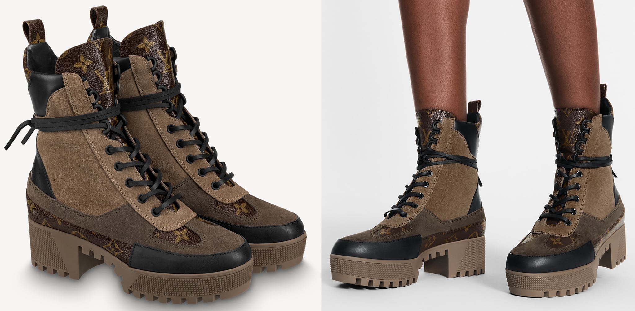 Louis Vuitton's Laureate boots are instantly recognizable with the monogram canvas, wrap-around leather laces, platform construction, and treaded rubber outsole