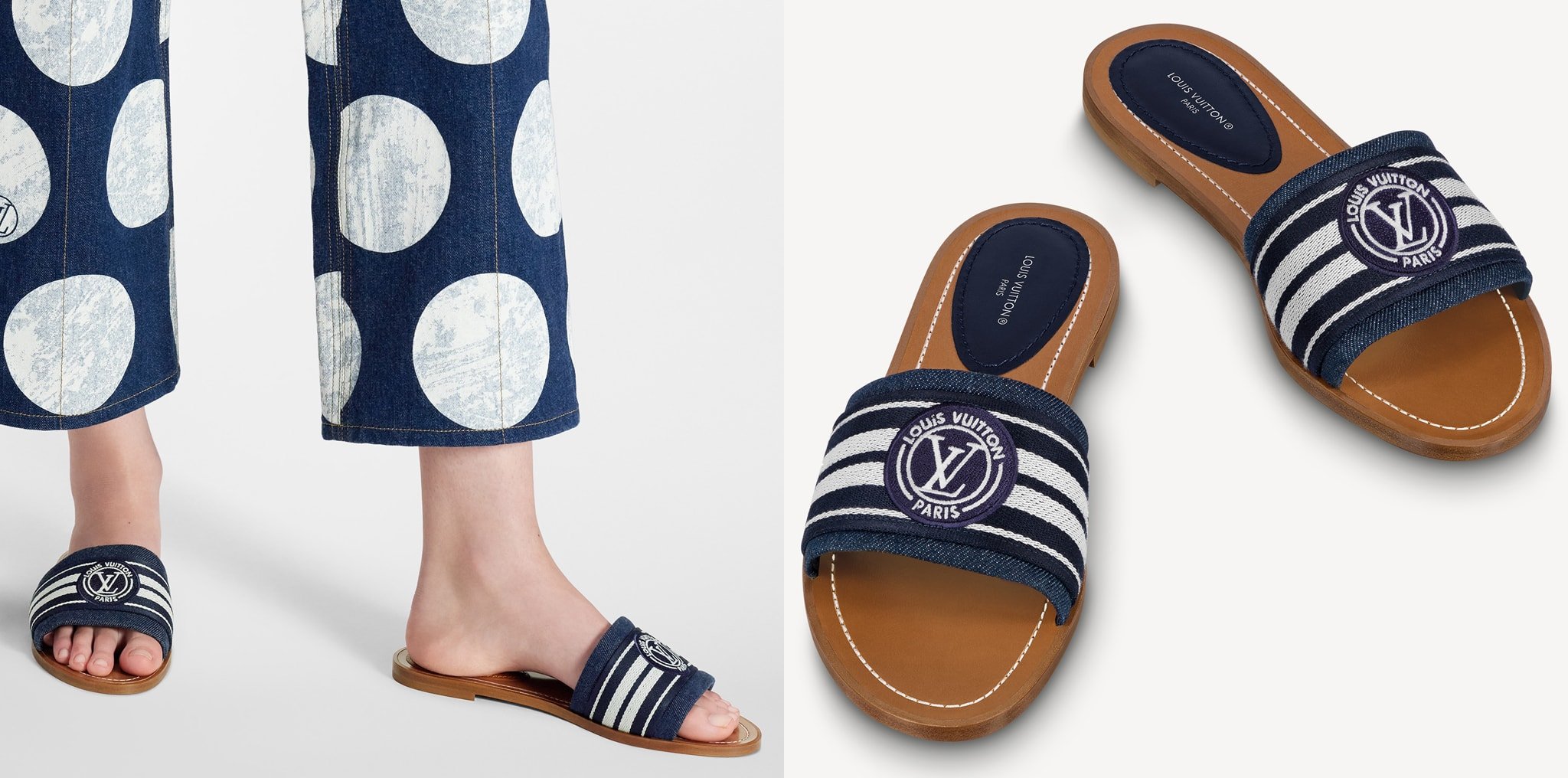 Done in summery denim, the Lock It mules boast a striped jacquard ribbon embroidered with the LV Circle logo