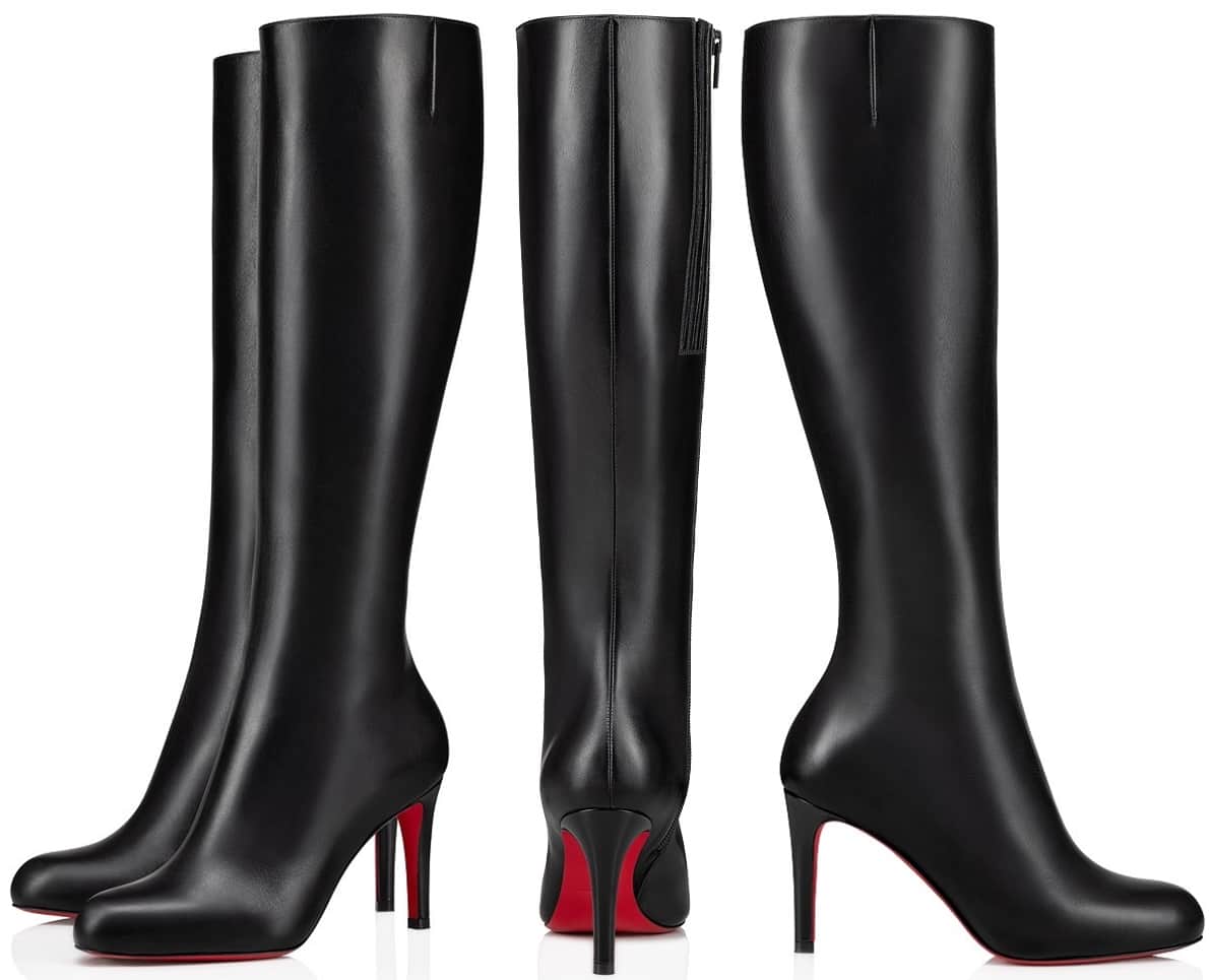 Introducing the Pumppie Botta: Maison Christian Louboutin's elegant knee-high boot with an 85 mm heel, rounded toe, fitted shafts, and convenient zip closure, all in sleek black calf leather