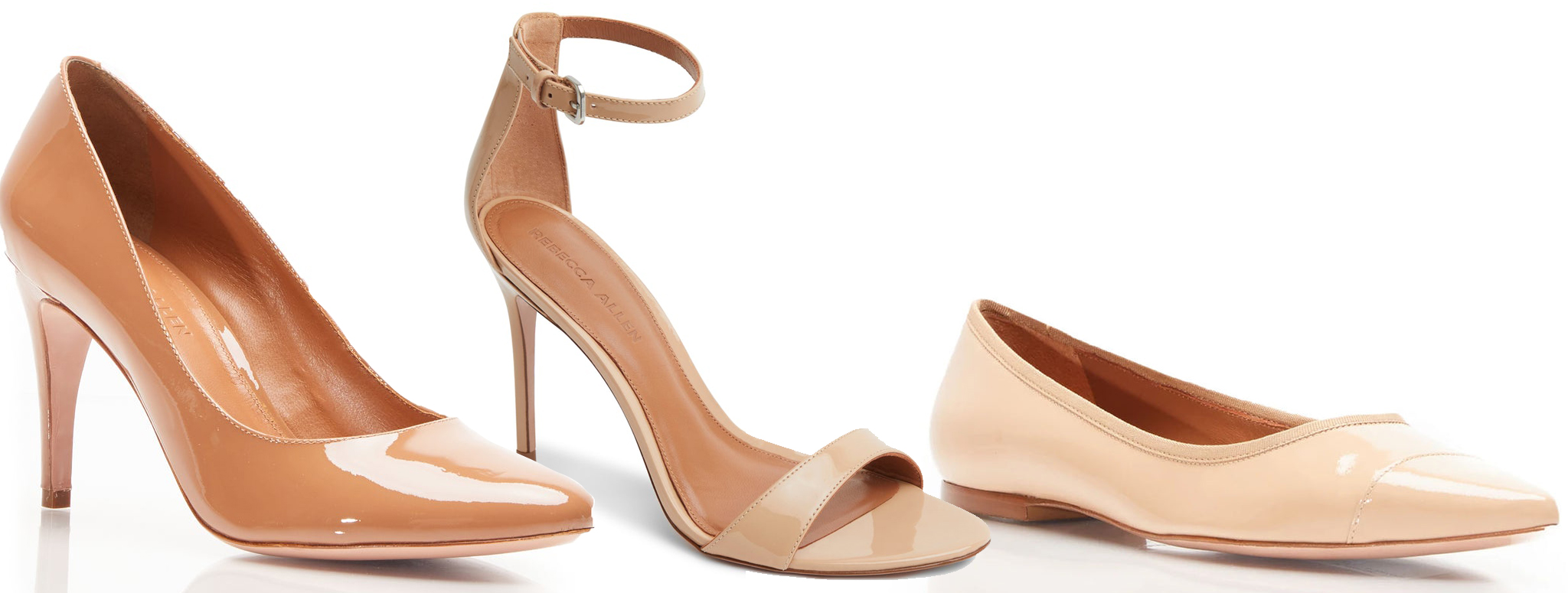 Rebecca Allen The New Pump in Nude III, $265; Rebecca Allen The Two Strap Sandal in Nude IV, $275; Rebecca Allen The Skim in Nude IV, $265