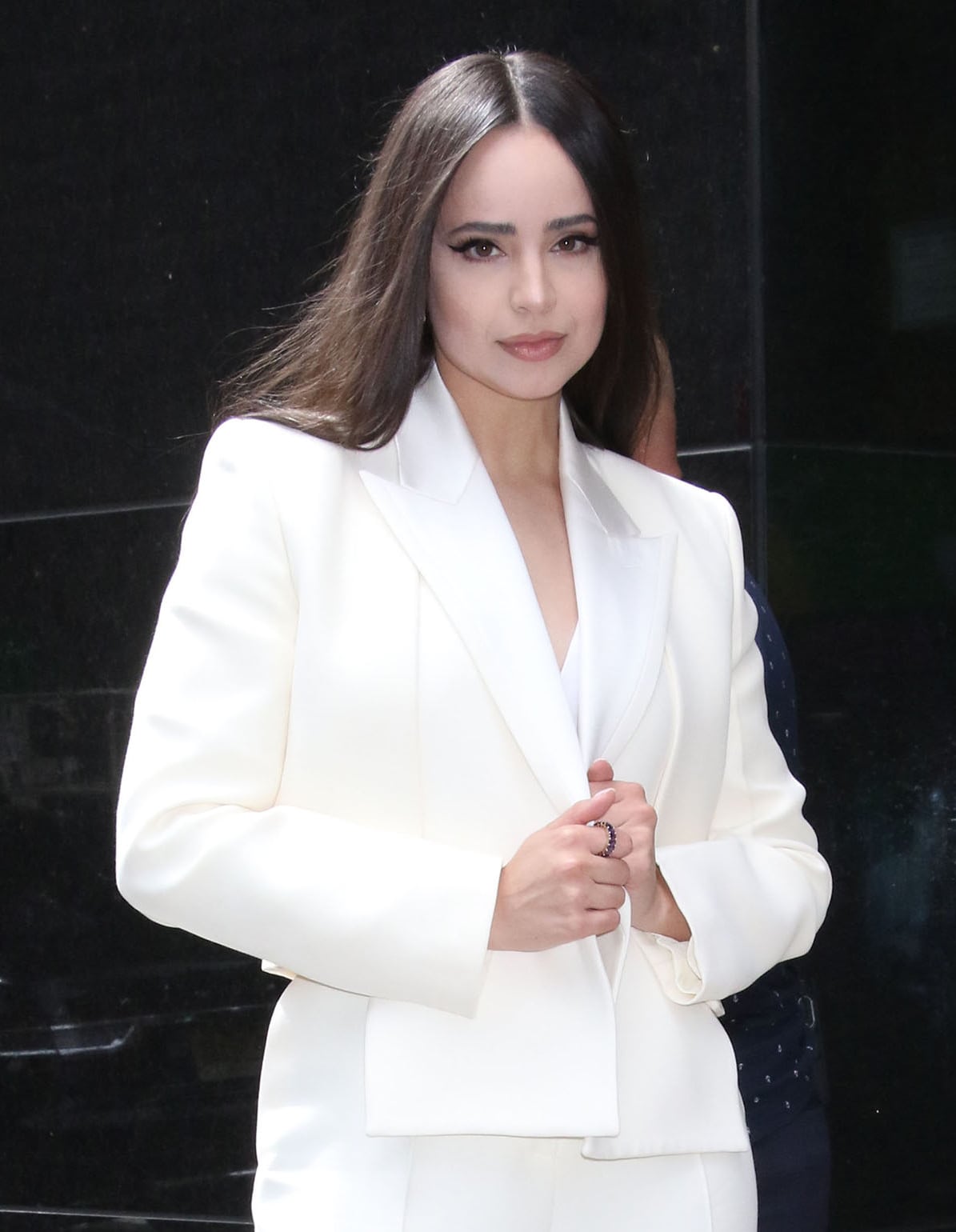Sofia Carson lets her hair down and sports her signature cat eyes with neutral lip shade