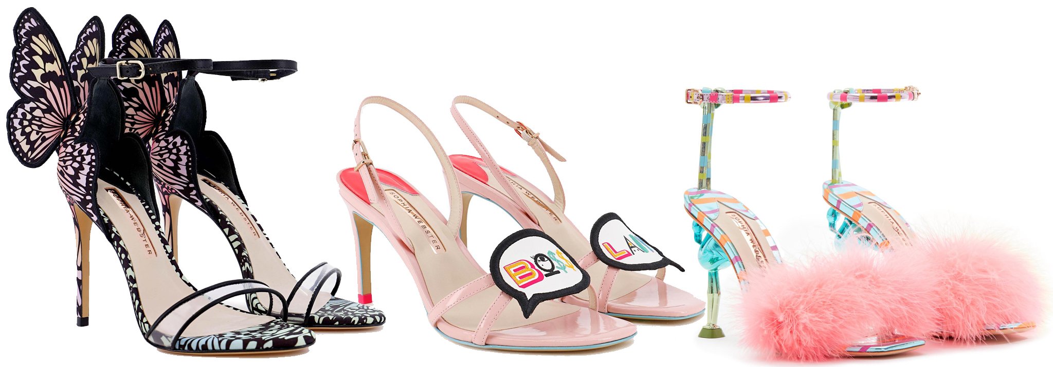 Sophia Webster Chiara Sandals, $850; Sophia Webster Boss Lady Mid Sandals, $560; Sophia Webster Flo Flamingo Sandals, $700