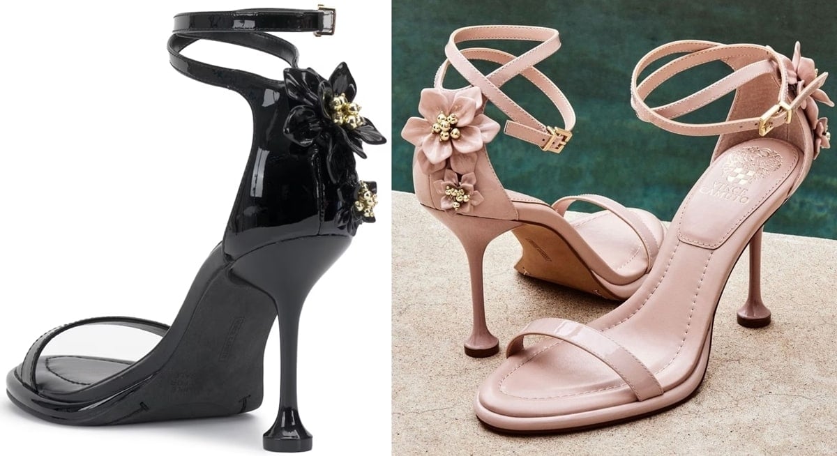 A floral embellishment at the heel counter adds a charming touch to the Vince Camuto Tanvie Sandal, featuring a unique stemware-shaped heel and a comfortable stitched-pillow footbed, perfect for complementing your floral jacquard dress this spring season