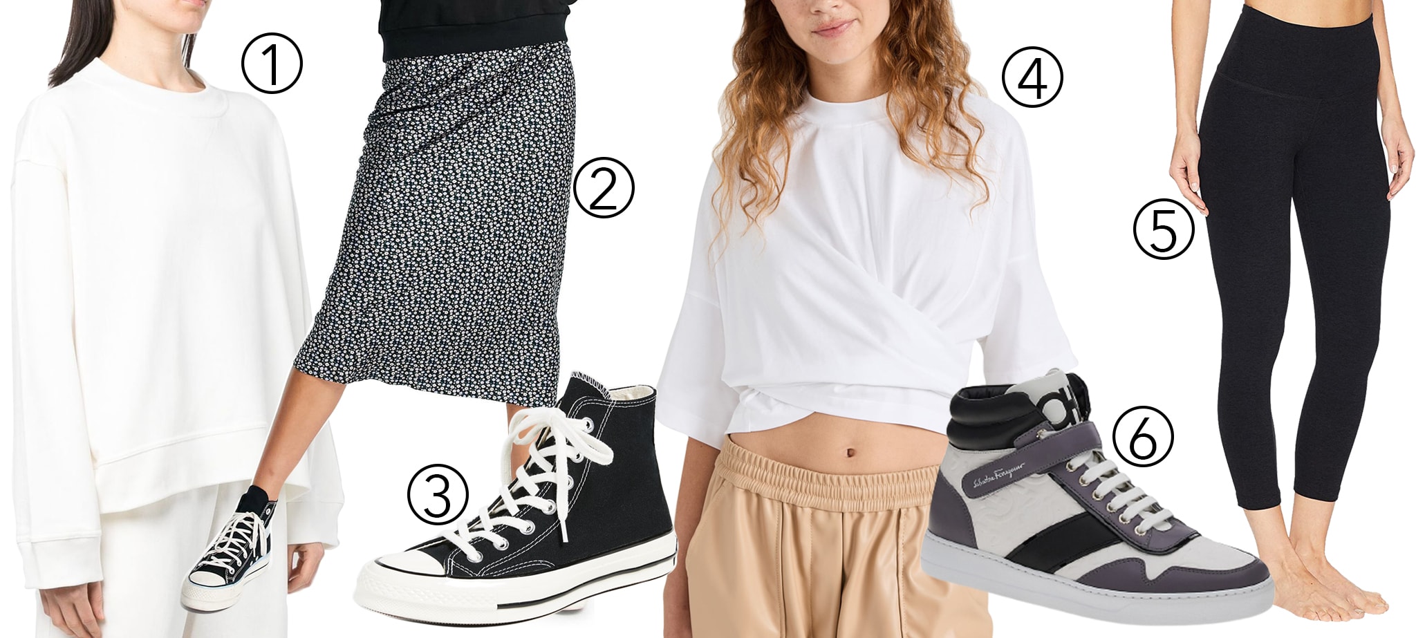 1. Sofie D'hoore Drop-shoulder Cotton Sweater; 2. Topshop Ditsy Print Bias Satin Midi Skirt; 3. Converse All Star '70s High Top Sneakers; 4. 3.1 Phillip Lim Twisted Tie Back T-Shirt; 5. Beyond Yoga Spacedye High Waisted Capri Leggings; 6. Salvatore Ferragamo Noe High-Top Leather Sneakers