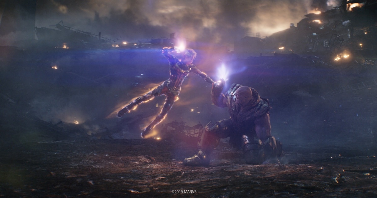 Brie Larson as Carol Danvers / Captain Marvel and Josh Brolin as Thanos in Avengers: Endgame