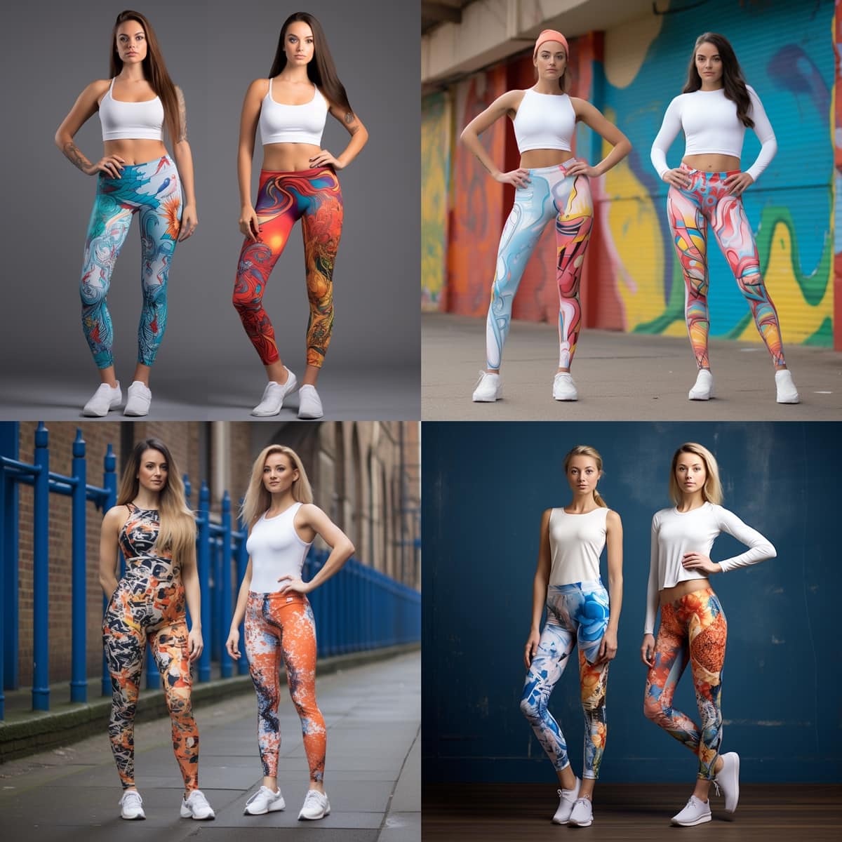 Style Meets Function: A showcase of vibrant fashion leggings and sleek activewear leggings, all complemented by trendy trainers for the ultimate athleisure ensemble