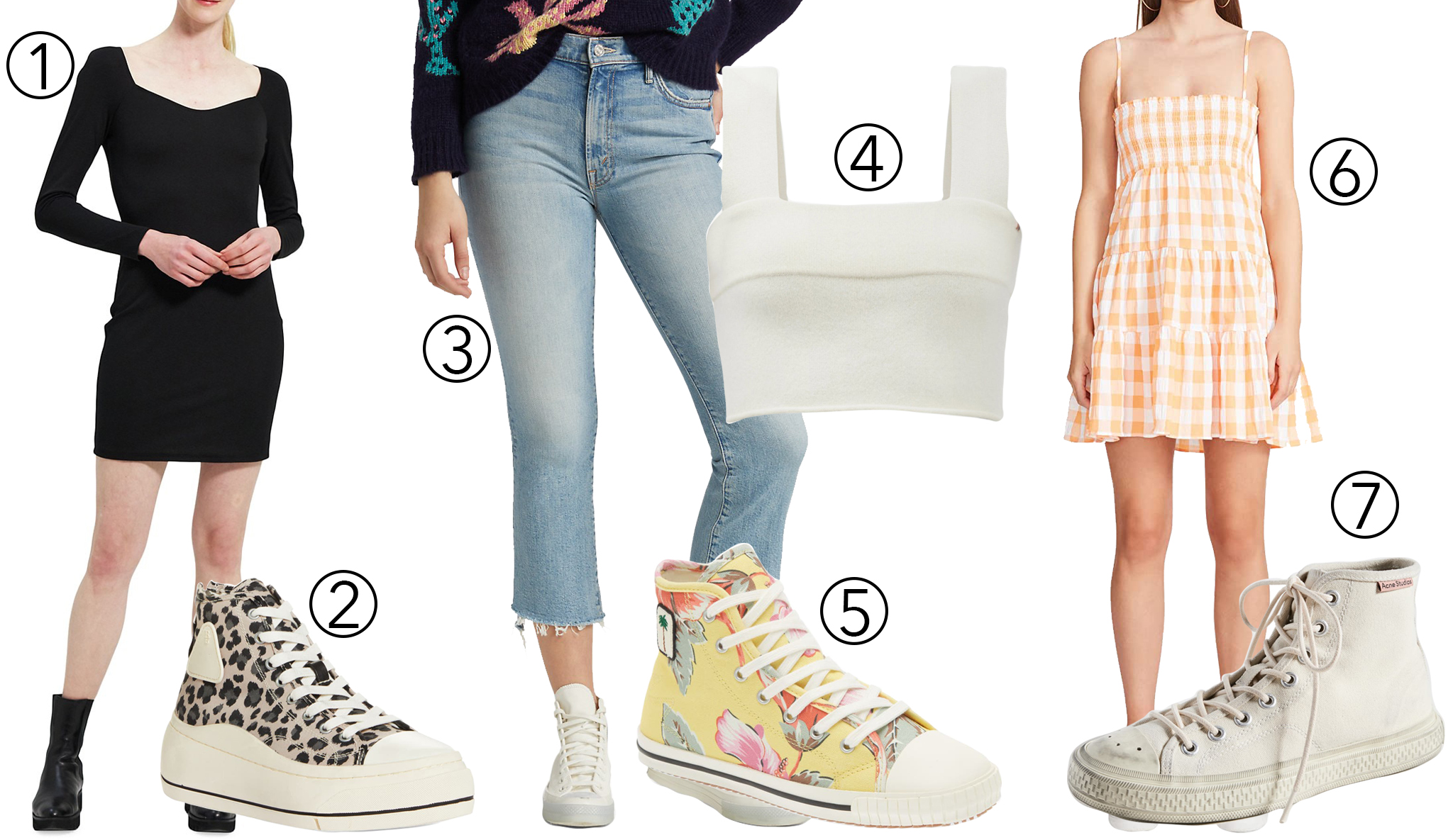 1. Theory Long-Sleeve Minidress; 2. R13 Distressed Platform High Top Sneaker; 3. Mother The Insider Cropped Jeans; 4. Extreme Cashmere No.219 Caress Cropped Top; 5. Palm Angels Hibiscus High Top Sneaker; 6. BB Dakota by Steve Madden Flirt A Lot Mini Dress; 7. Acne Studios Ballow High Tumbled Sneaker