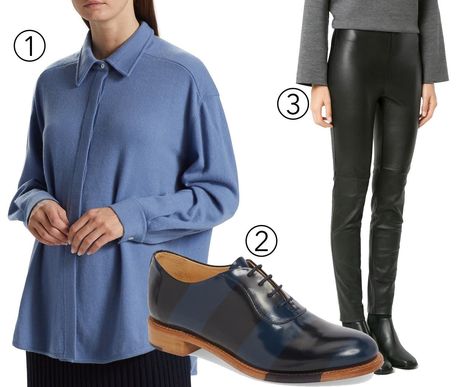 1. Pair an arch4 New Bonnie cashmere shirt for softness; 2. with Uma | Raquel Davidowicz Silicio leather pants for edge; 3. and The Office of Angela Scott Mr. Smith stripe Oxfords for a distinctive touch