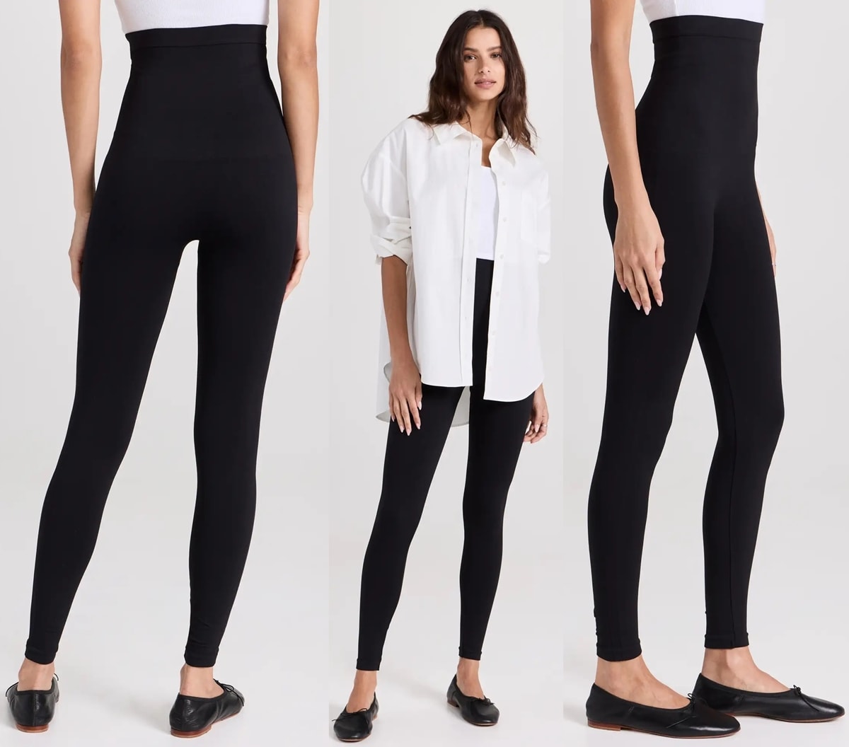 Effortlessly Chic: A modern take on Audrey Hepburn's elegance, featuring sleek black leggings paired with classic ballet flats, complemented by an airy oversized white blouse for a polished yet comfortable business casual ensemble