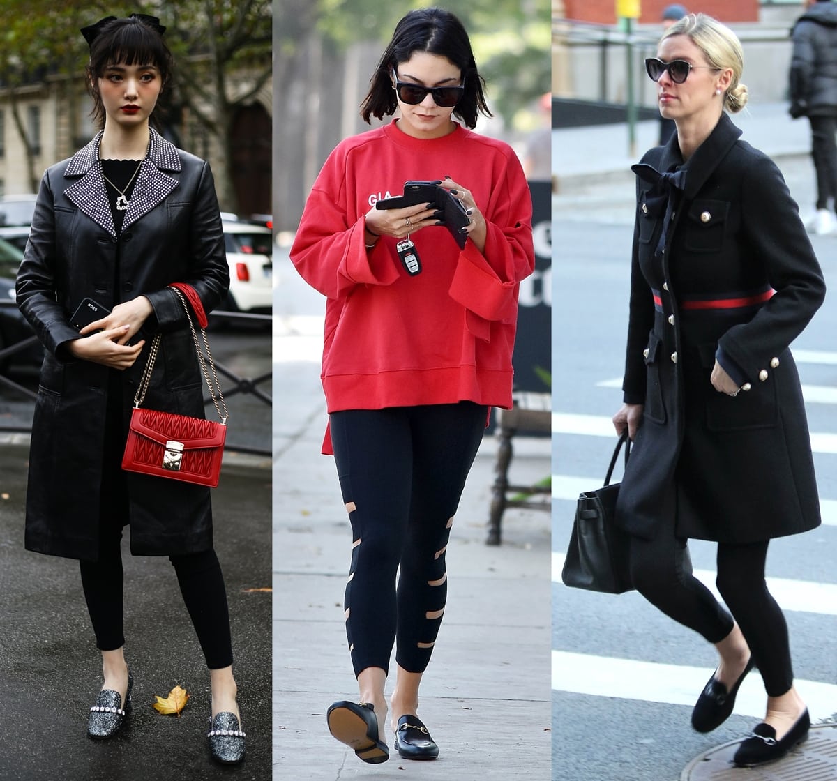 A chic showgoer attending the Miu Miu show during Paris Fashion Week, Nicky Hilton, and Vanessa Hudgens show three chic ways to wear leggings with loafers