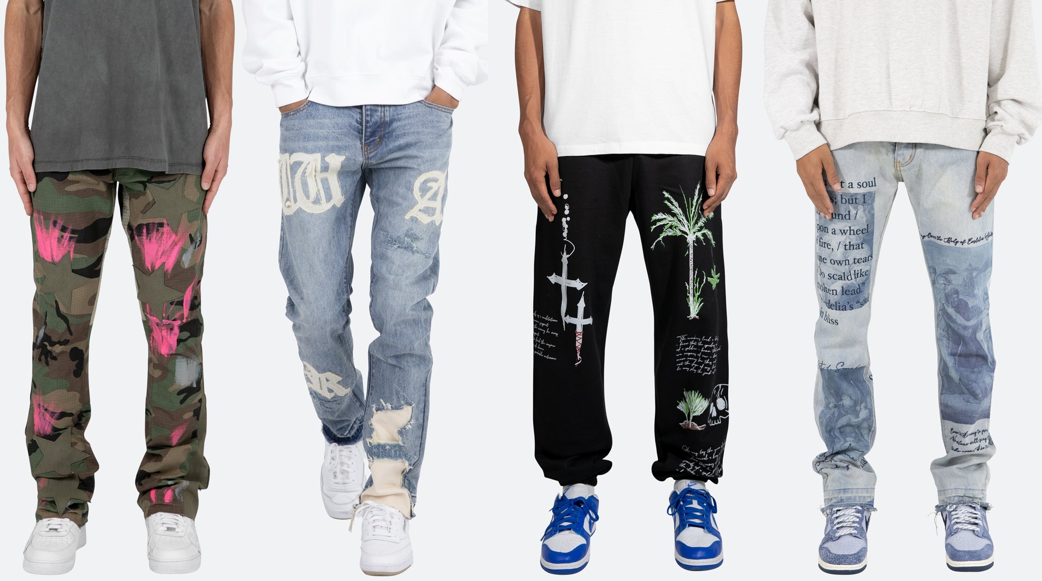 MNML B439 Star Flare Denim Camo, $78; MNML D198 War Denim, $76; MNML Beach Sweatpants, $56; MNML D243 Blue Straight Denim, $78