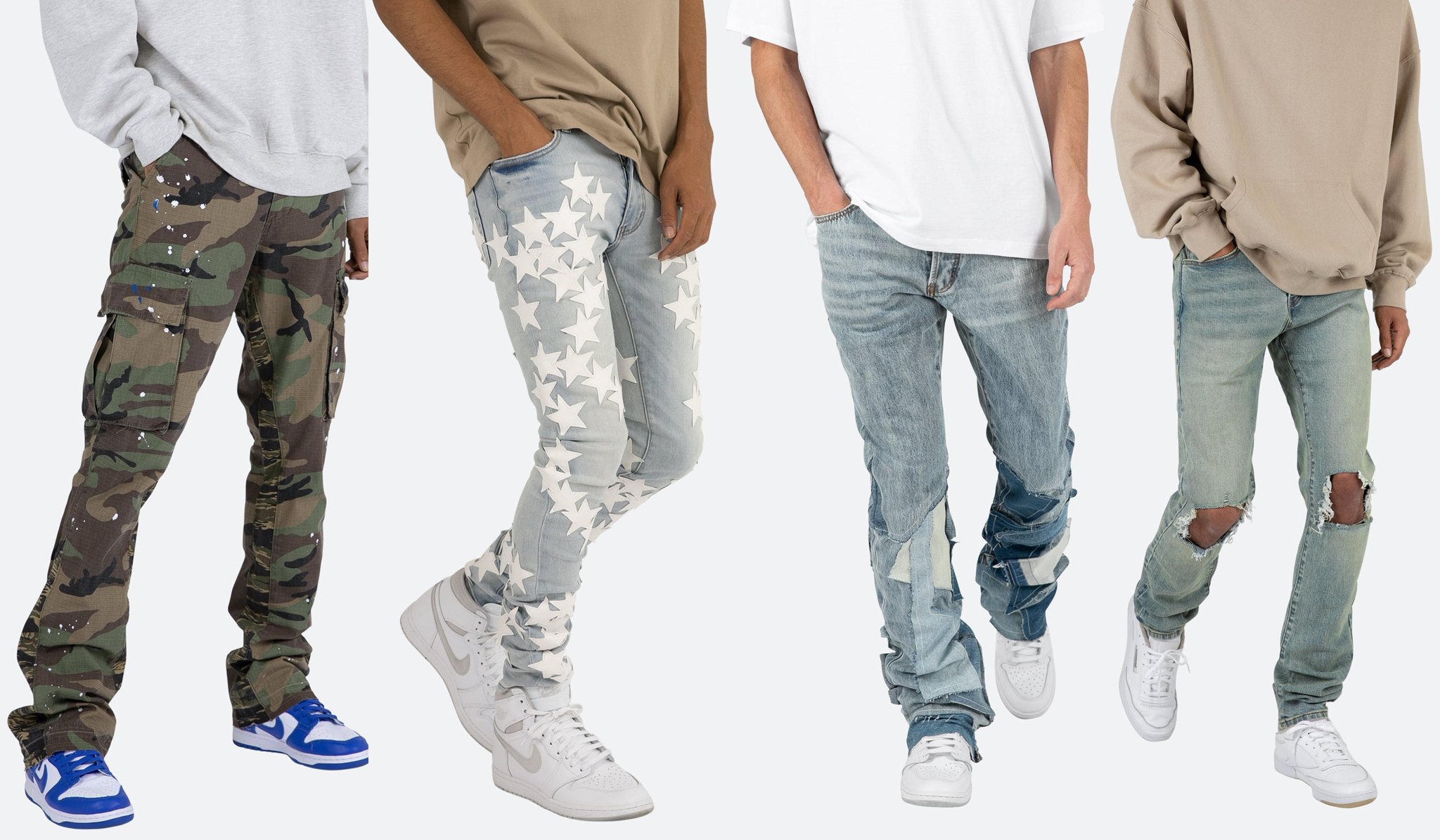 MNML is known for its contemporary streetwear styles, often incorporating camo, graphics, and light distressing