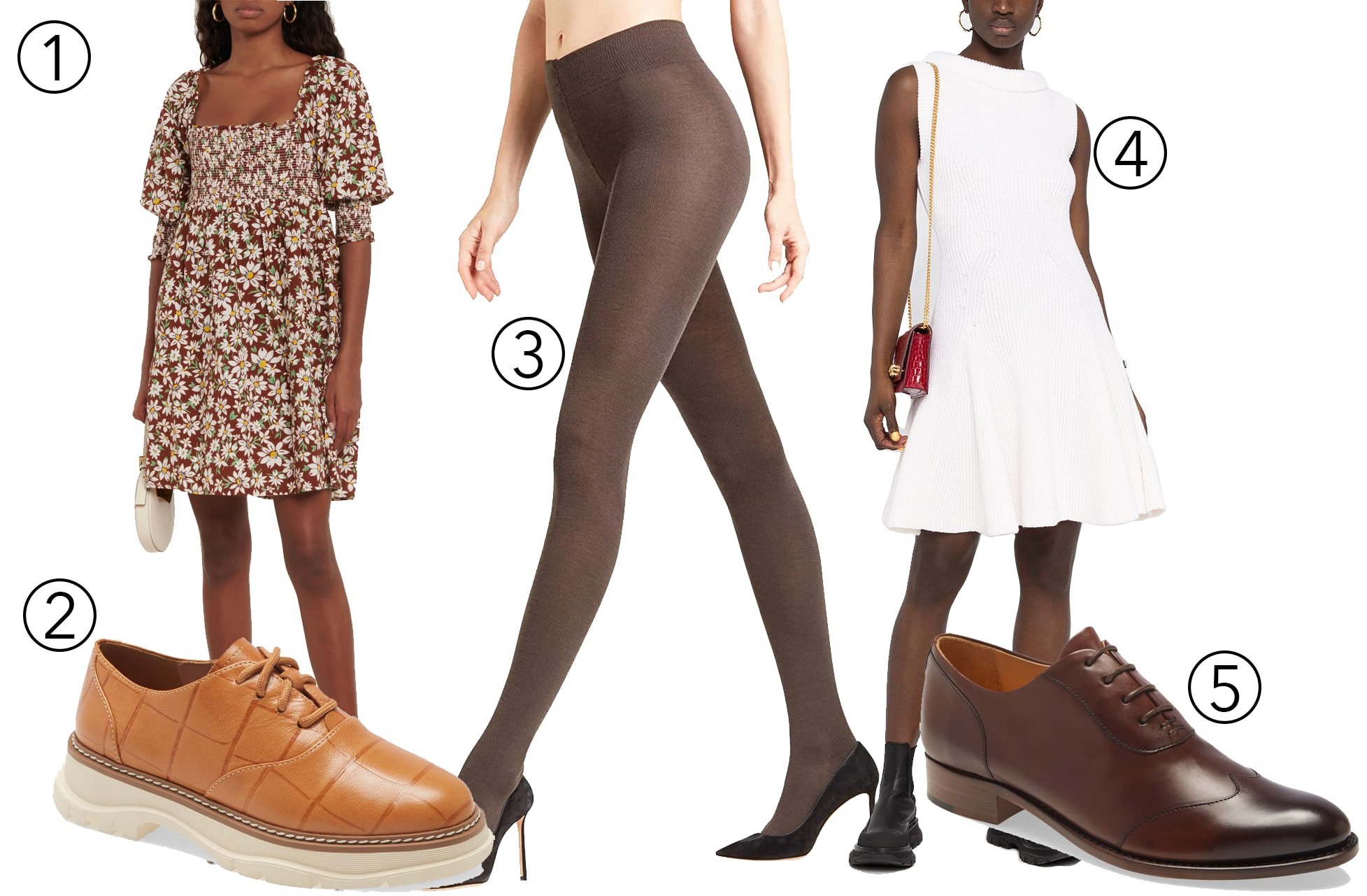 1. Embrace femininity with a Rixo floral linen minidress; 2. pair with Linea Paolo Moira Oxford flats; 3. consider Falke soft merino tights for comfort; 4. or opt for an Alexander McQueen knitted skater dress; 5. and complete with The Office of Angela Scott Mr. Evans Oxfords