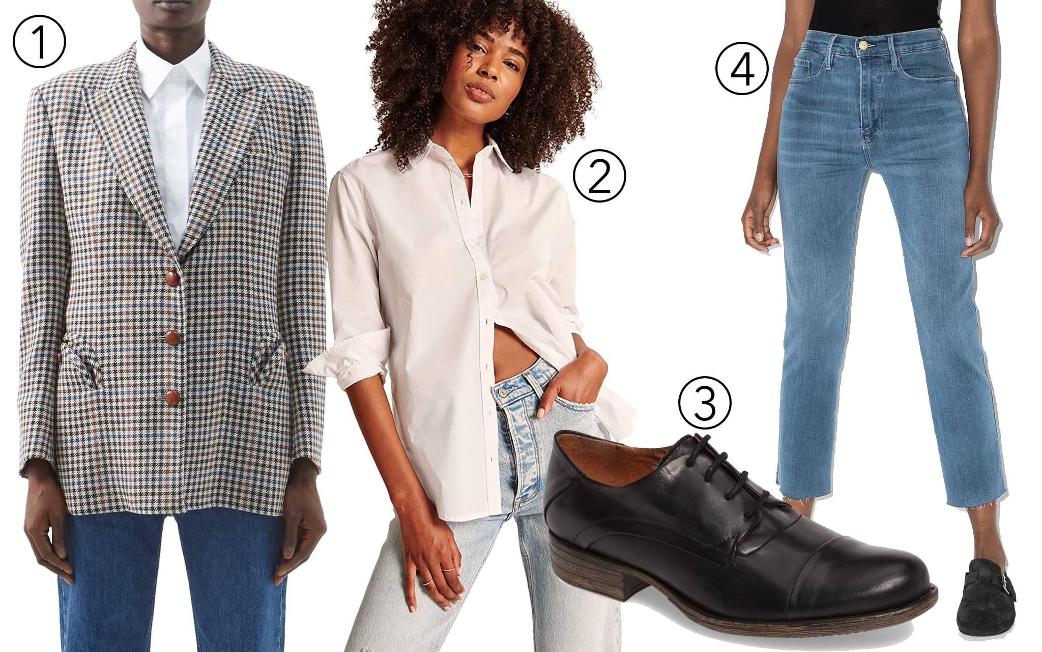 1. Elevate your style with a Blazé Milano houndstooth blazer; 2. layer with an Abercrombie & Fitch oversized shirt; 3. add Miz Mooz Letty Oxford flats; 4. and Frame Le Sylvie cropped jeans