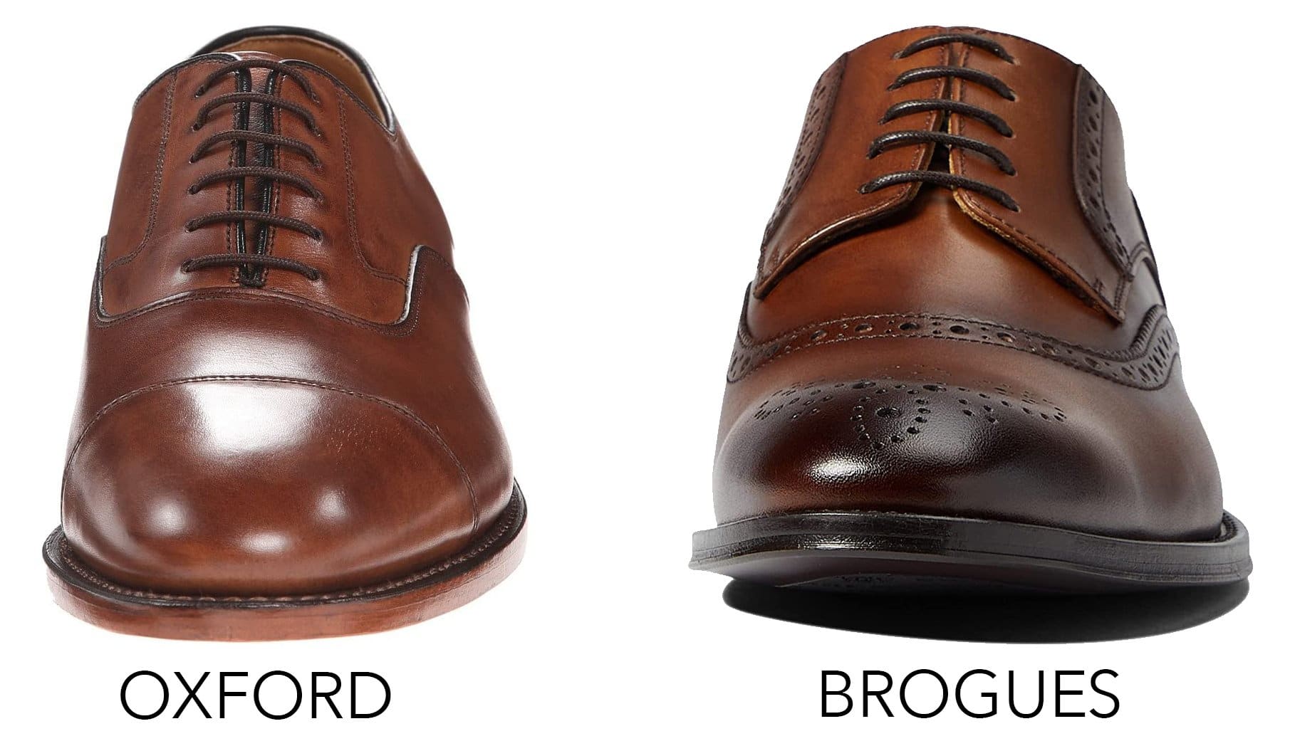 Oxfords and brogues have the same silhouette but brogues are defined by the patterned hole detailing all over the upper